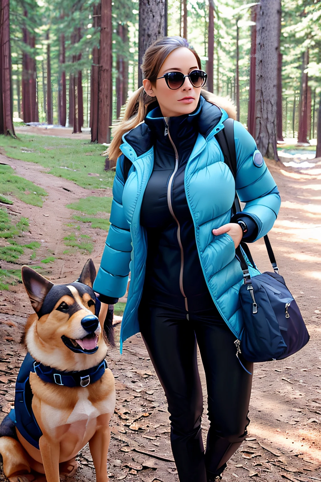 Make a woman with big breast, Blue long pufferjacket , with open zipper, with face, body, Forrest, travel bag, black pants, camper, dog