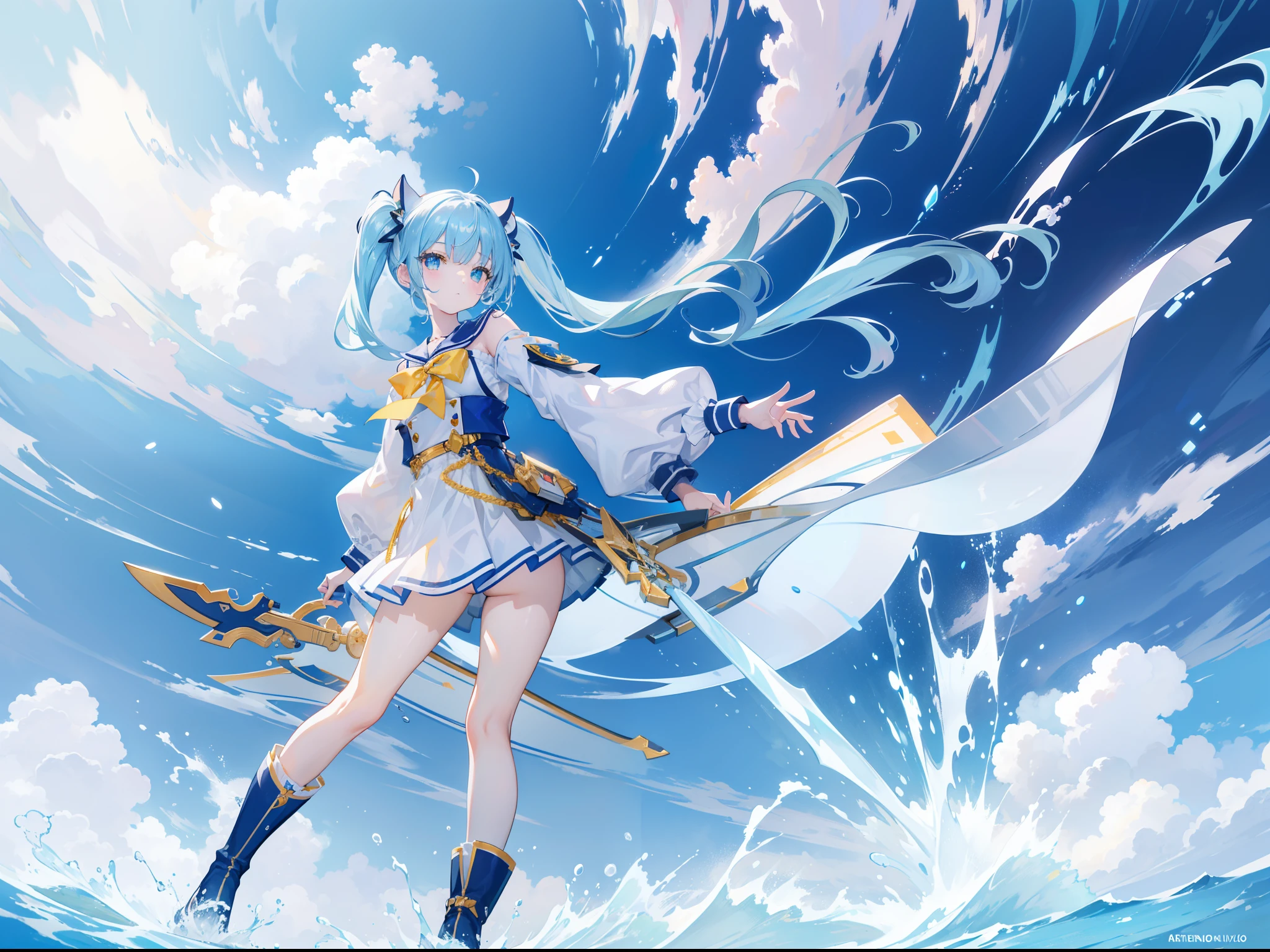 ​masterpiece，8K，超A high resolution，Detailed description，Smooth depiction，Accurate rendering，Triangular Composition，Light blue twin tails，Yellow cat order，Whitening skin，12-year-old Western-style beautiful girl in anime style，Metallic boots，Overhead scenery，Full body depiction，Splash Art Style，