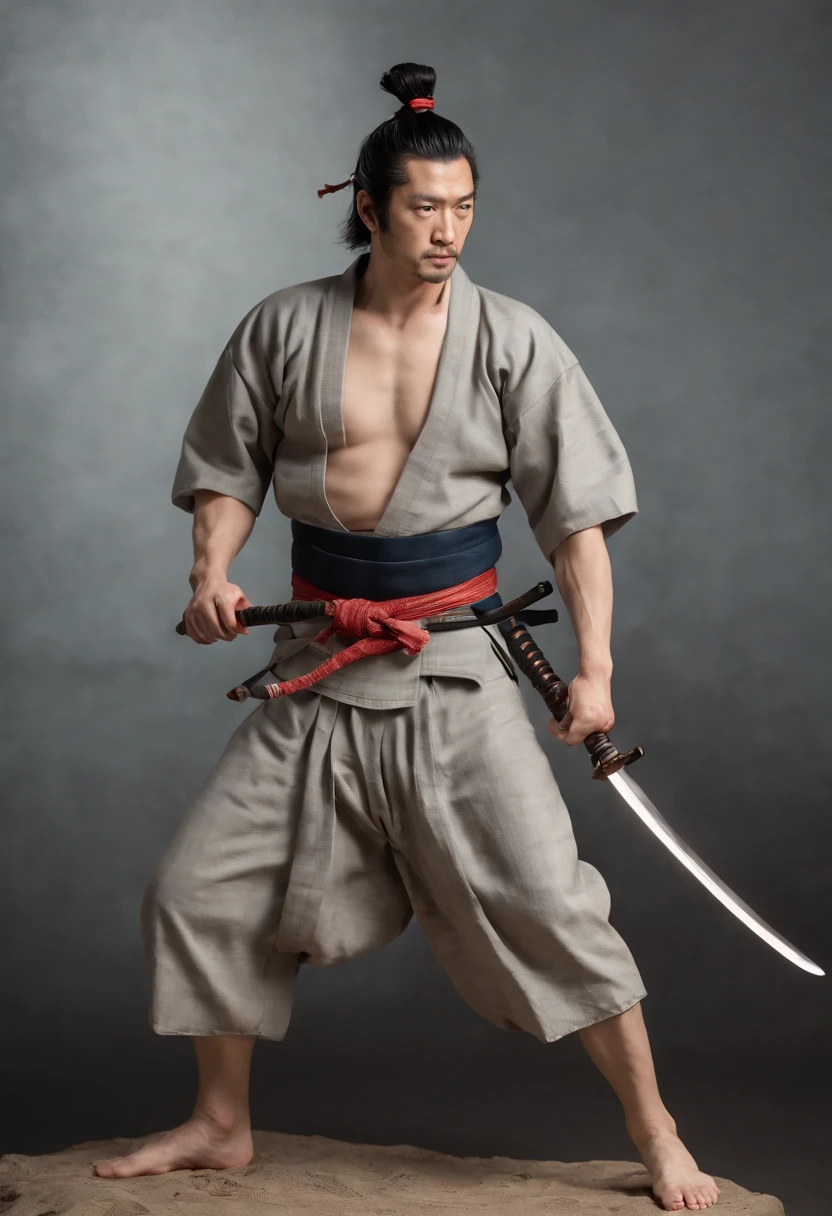 It is a full-body painting with natural colors,Line drawing with Katsushika Hokusai style。The swordsman Miyamoto Musashi has a tall body like a strongman。Samurai in Japan。He has a dignified and manly expression of determination,Short black hair and short neatly trimmed beard。He was naked,The lower body is knee-length。He holds a Japanese sword in his right hand。At the highest quality,A masterpiece of lightning and swirling flames in high resolution ukiyo-e style。Miyamoto Musashi stood,The face and body face forward,The back is straight。