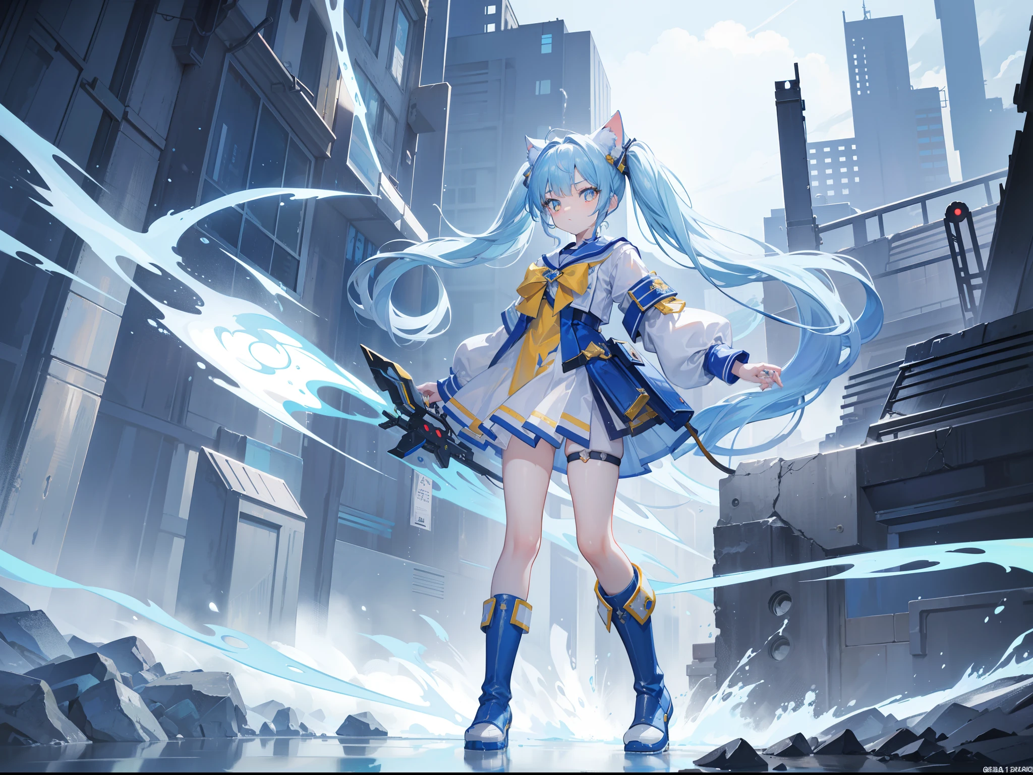 masterpiece,8K,超A high resolution,Detailed description,Smooth depiction,Accurate rendering,Triangular Composition,Light blue twin tails,Yellow cat order,Whitening skin,-yeld Wern-style beautiful girl in anime style,Metallic boots,Overhead scenery,Full body depiction,Splash Art Style,