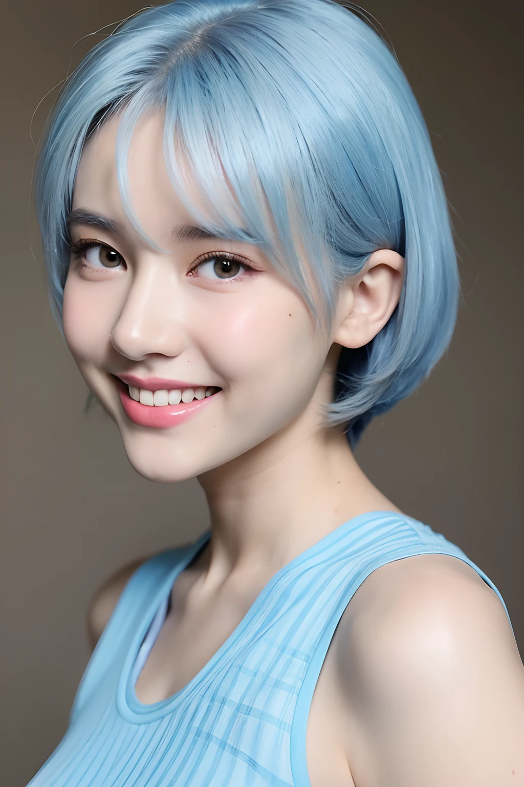 (extra detailed body、extra detailed face、best qualtiy:1.2)、femele、looking at the viewers、(Light blue and white gradient hair color、Fancy accessories、Tank tops、a smile、、abdominals)、(Plaid wall on background)