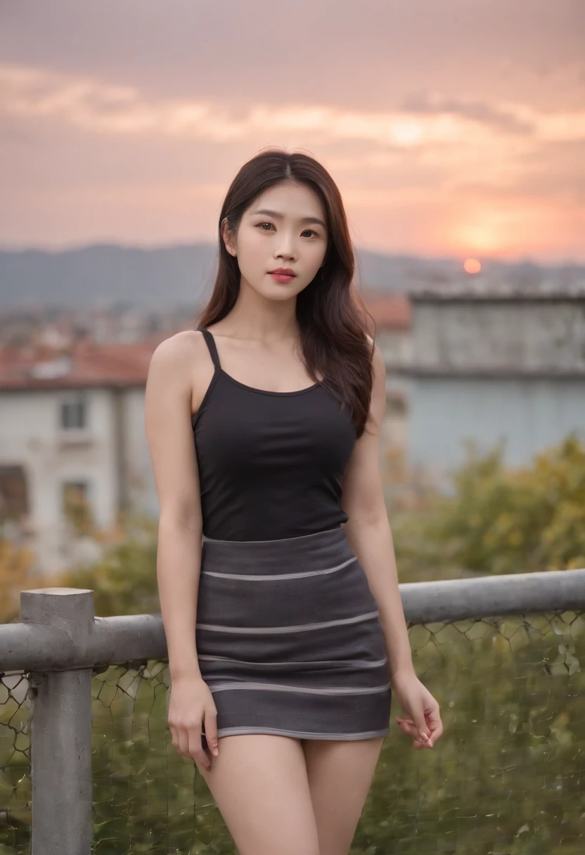 A Japanese Lady、light skinned, Women around 19 years old, Natural black hair, characteristic dark brown eyes,,, Wearing a striped jersey, slender and graceful,,,, Beautiful, Sunset sky, Ultra Sharp Focus, realistic shot, Vertical striped athletic wear、a black skirt、Tetradic color、
On the rooftop,plein air,Concrete floors,
dusty,dirty,Messy,Unclean,(Fall),Broken,(Mesh Fence:1.2),cloudy,skyporn,cloud,evening,Twilight,Dusk,