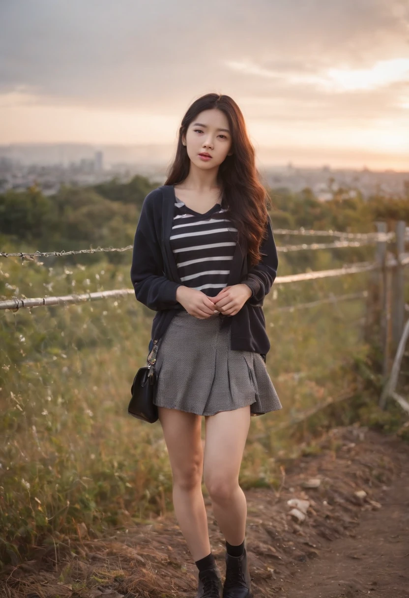 A Japanese Lady、light skinned, Women around 19 years old, Natural black hair, characteristic dark brown eyes,,, Wearing a striped jersey, slender and graceful,,,, Beautiful, Sunset sky, Ultra Sharp Focus, realistic shot, Vertical striped athletic wear、a black skirt、Tetradic color、
On the rooftop,plein air,Concrete floors,
dusty,dirty,Messy,Unclean,(Fall),Broken,(Mesh Fence:1.2),cloudy,skyporn,cloud,evening,Twilight,Dusk,