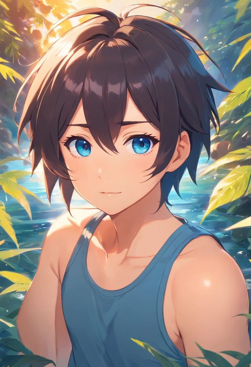 1man, bangss, berry, A dark-haired, Black shirt, blue eyess, hair between eye, jewely, fronds, looking at the viewers, male focus, a necklace, underpants, The shirt, 独奏, Watches, White pants, wrist watch, hair messy, Trending on ArtStation, 8K分辨率, Highly detailed and anatomically correct, Sharp Images, digitial painting, concept-art, trending on pixiv, style of makoto shinkai,faces,Adults