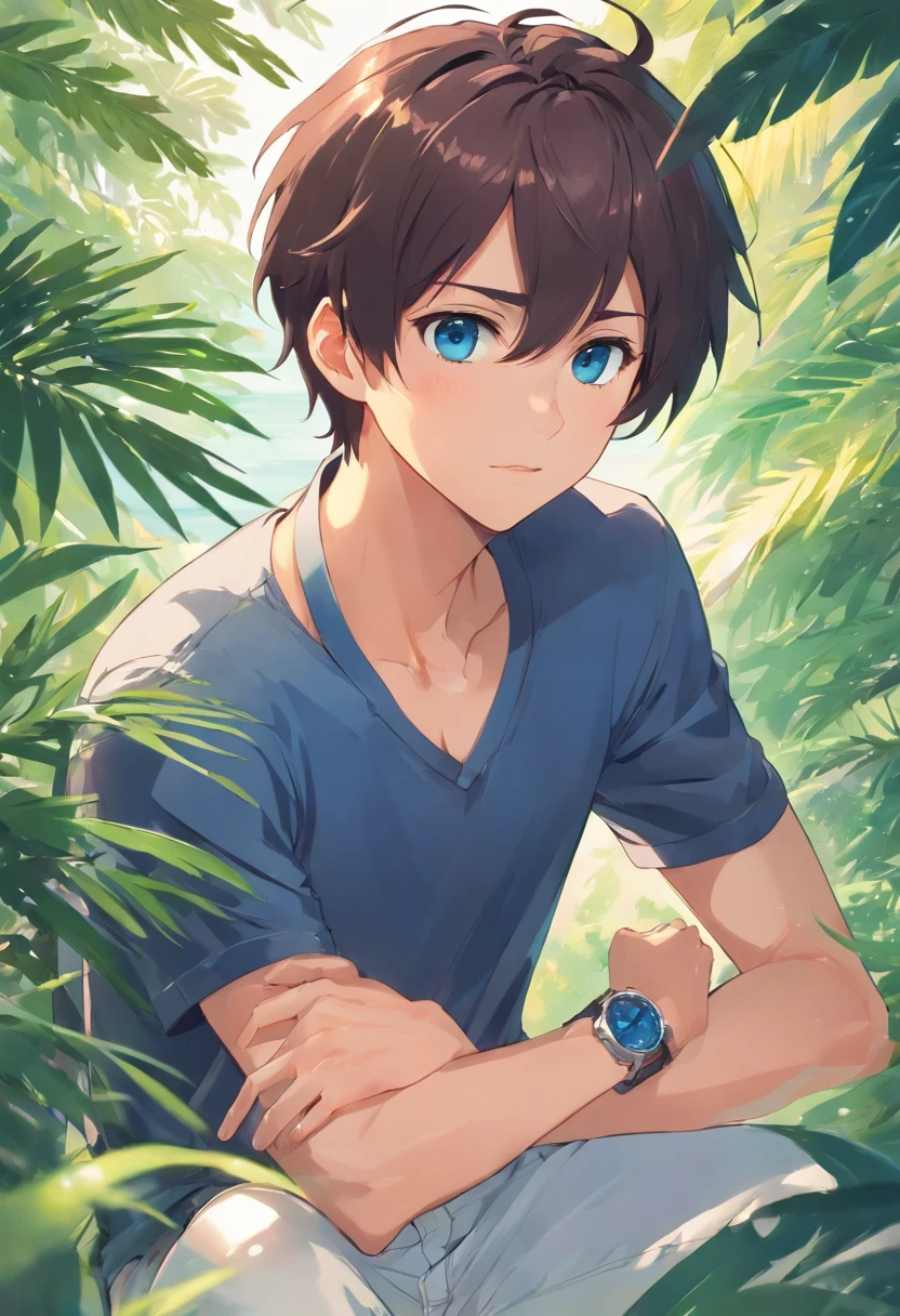 1man, bangss, berry, A dark-haired, Black shirt, blue eyess, hair between eye, jewely, fronds, looking at the viewers, male focus, a necklace, underpants, The shirt, 独奏, Watches, White pants, wrist watch, hair messy, Trending on ArtStation, 8K分辨率, Highly detailed and anatomically correct, Sharp Images, digitial painting, concept-art, trending on pixiv, style of makoto shinkai,faces,Adults