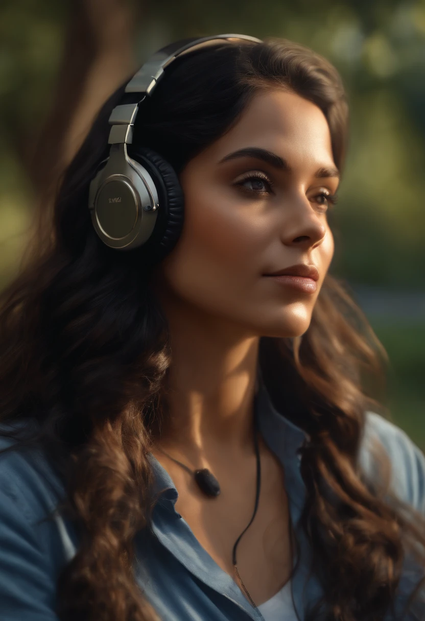 (best quality,4k,8k,highres,masterpiece:1.2), ultra-detailed, (realistic,photorealistic,photo-realistic:1.37), black long wavy hair, brown eyes, wearing glasses, drawing in the park, wearing a blue shirt and listening to music with headphones, oil painting, vibrant colors, natural lighting