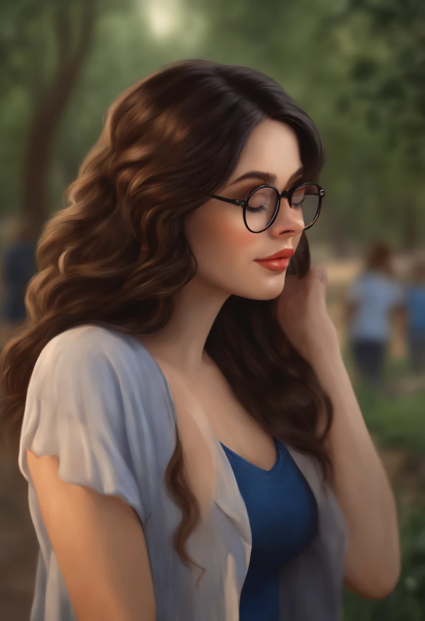 (best quality,4k,8k,highres,masterpiece:1.2), ultra-detailed, (realistic,photorealistic,photo-realistic:1.37), black long wavy hair, brown eyes, wearing glasses, drawing in the park, wearing a blue shirt and listening to music with headphones, oil painting, vibrant colors, natural lighting