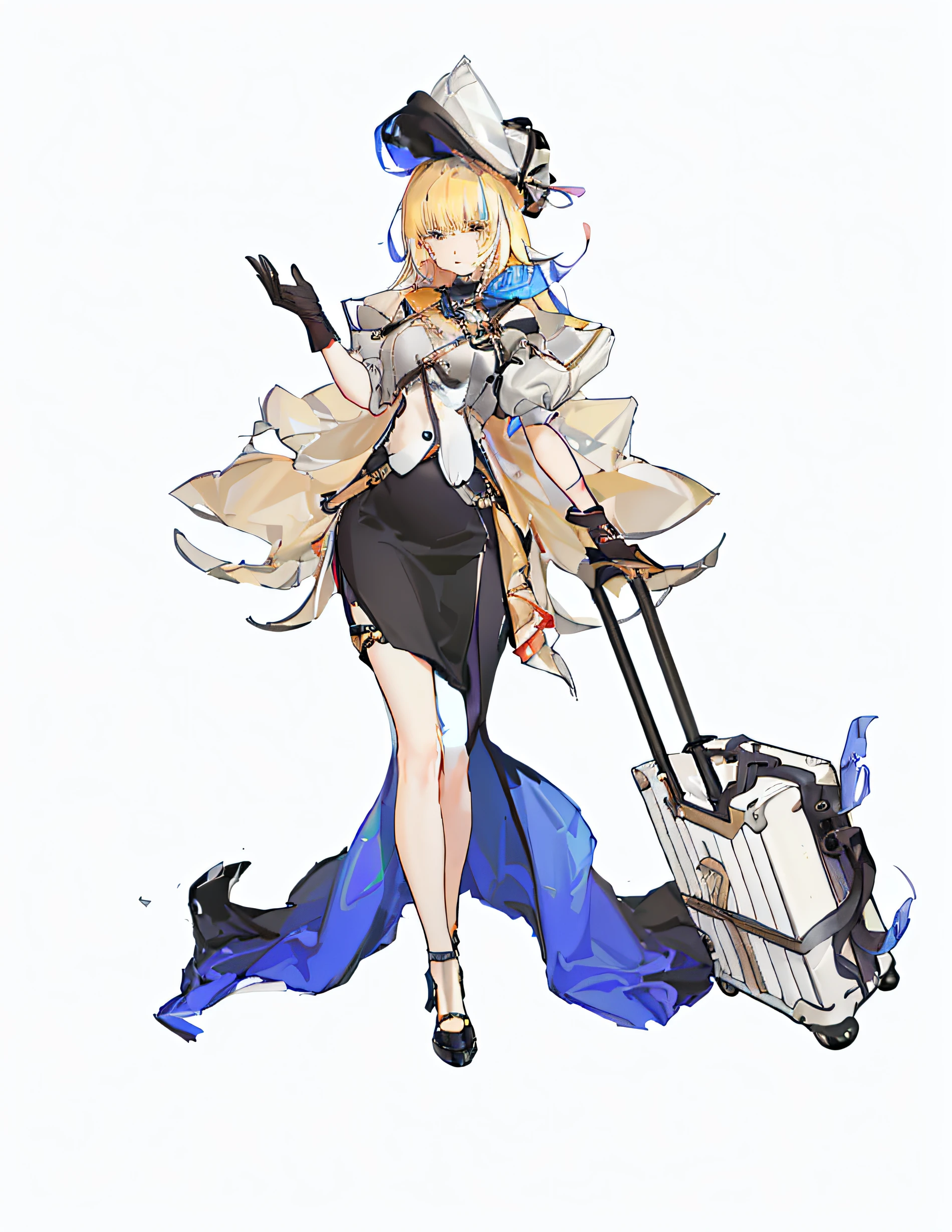 Masterpiece, Best quality, {Best quality}, {{Masterpiece}}, {A high resolution},Yellow hair,lady,Big sister,black glove,black short skirt,Holding the suitcase,full bodyesbian,Stand up