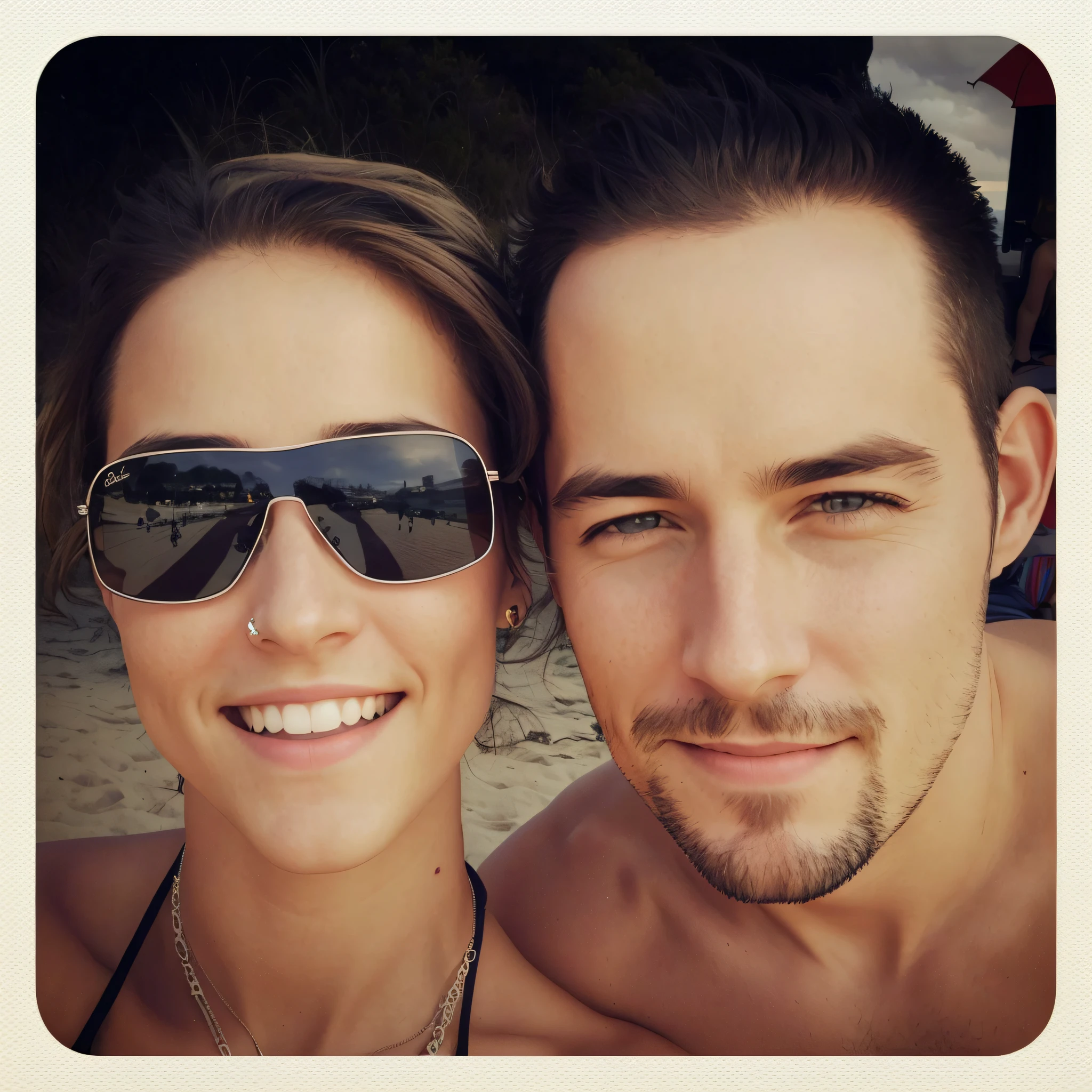 There is a man and a woman smiling for the camera, Millaise et Greg Rutkowski, Photo de vacances, Image de profil, Photo de profil, couple heureux, Photo de plage, Having fun in the sun, 2 5 I, at the beach, Neil Blevins et Jordan Grimmer, at the beach, sur une plage, on a sunny beach, sur la plage , 8k leica.