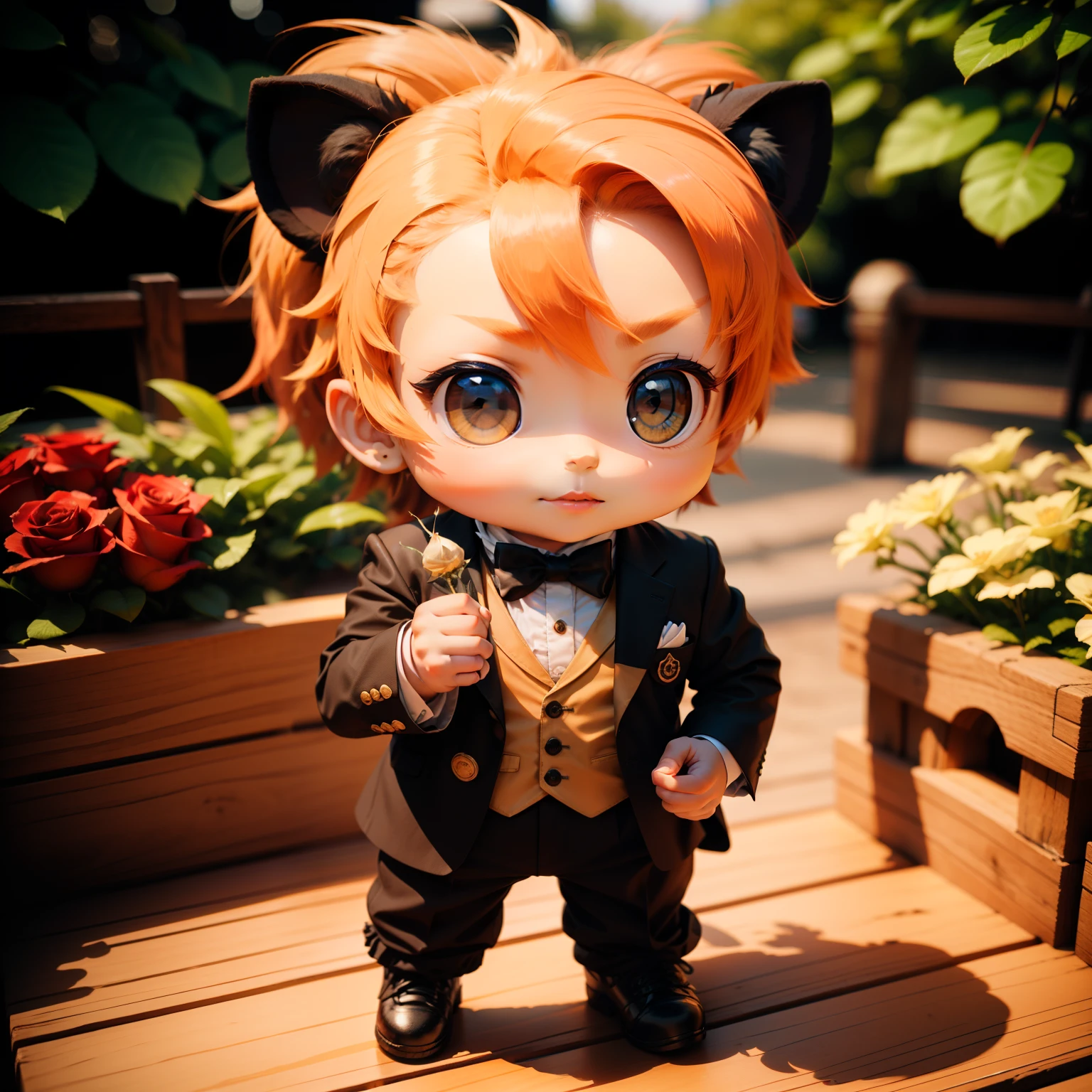 Cute Baby Chibi Anime,(((Chibi 3D))) (Best Quality) (Master Price)、Chibi Lion、tailcoat、Have red roses、Royal Botanic Gardens with roses、Standing、A detailed face