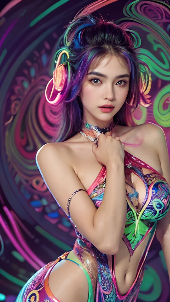 (masterpiece, top quality, best quality, official art, beautiful and aesthetic:1.2), (1girl:1.3), extremely detailed,(fractal art:1.2),colorful,highest detailed,( zentangle neon:1.2), (dynamic pose), (abstract background neon:1.5), (treditional dress:1.2), (shiny skin), (many colors:1.4), upper body ,Neon,16K,Full HD