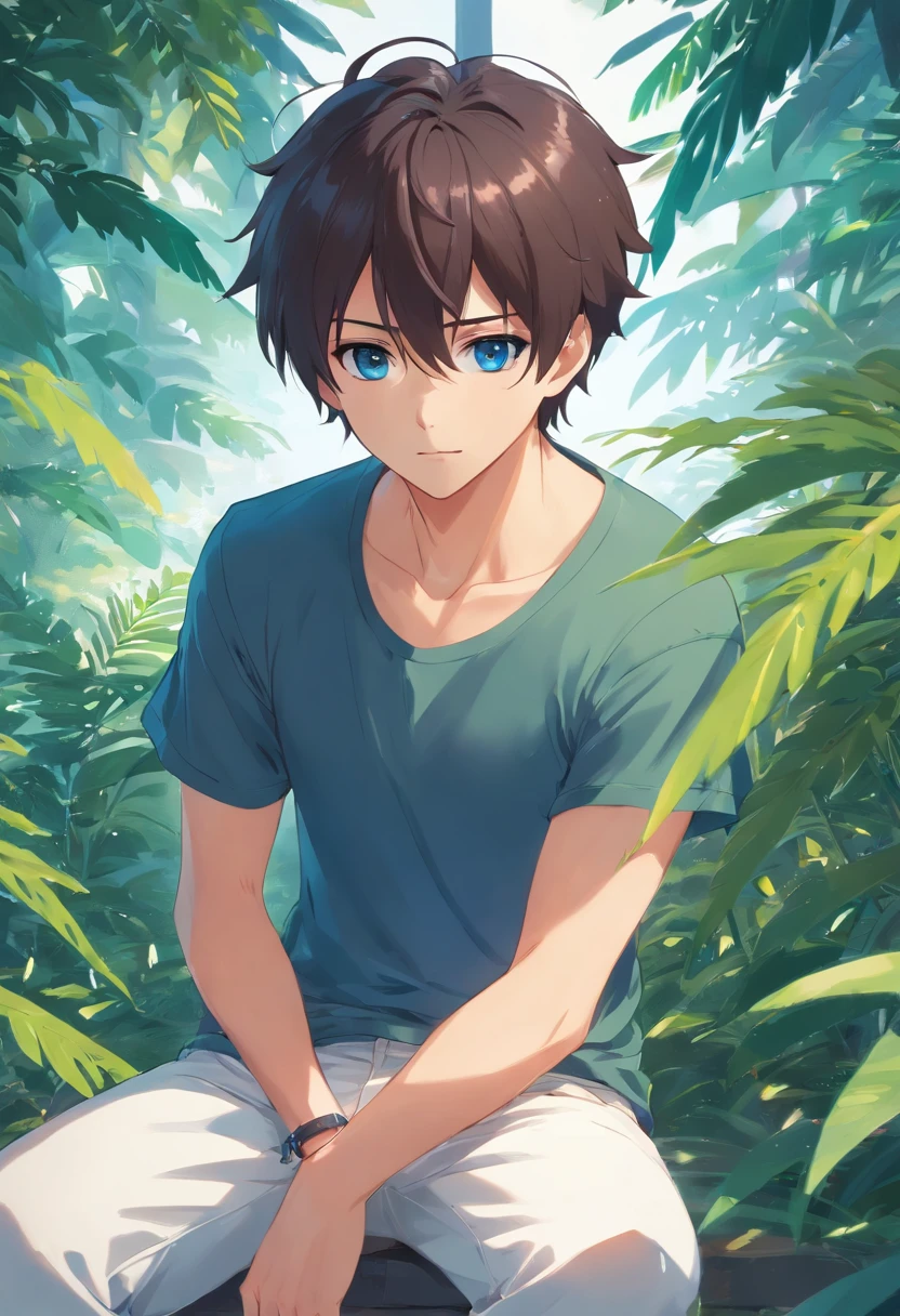 1man, bangss, berry, A dark-haired, Black shirt, blue eyess, hair between eye, jewely, fronds, looking at the viewers, male focus, a necklace, underpants, The shirt, 独奏, Watches, White pants, wrist watch, hair messy, Trending on ArtStation, 8K分辨率, Highly detailed and anatomically correct, Sharp Images, digitial painting, concept-art, trending on pixiv, style of makoto shinkai,faces,Adult 30 years old