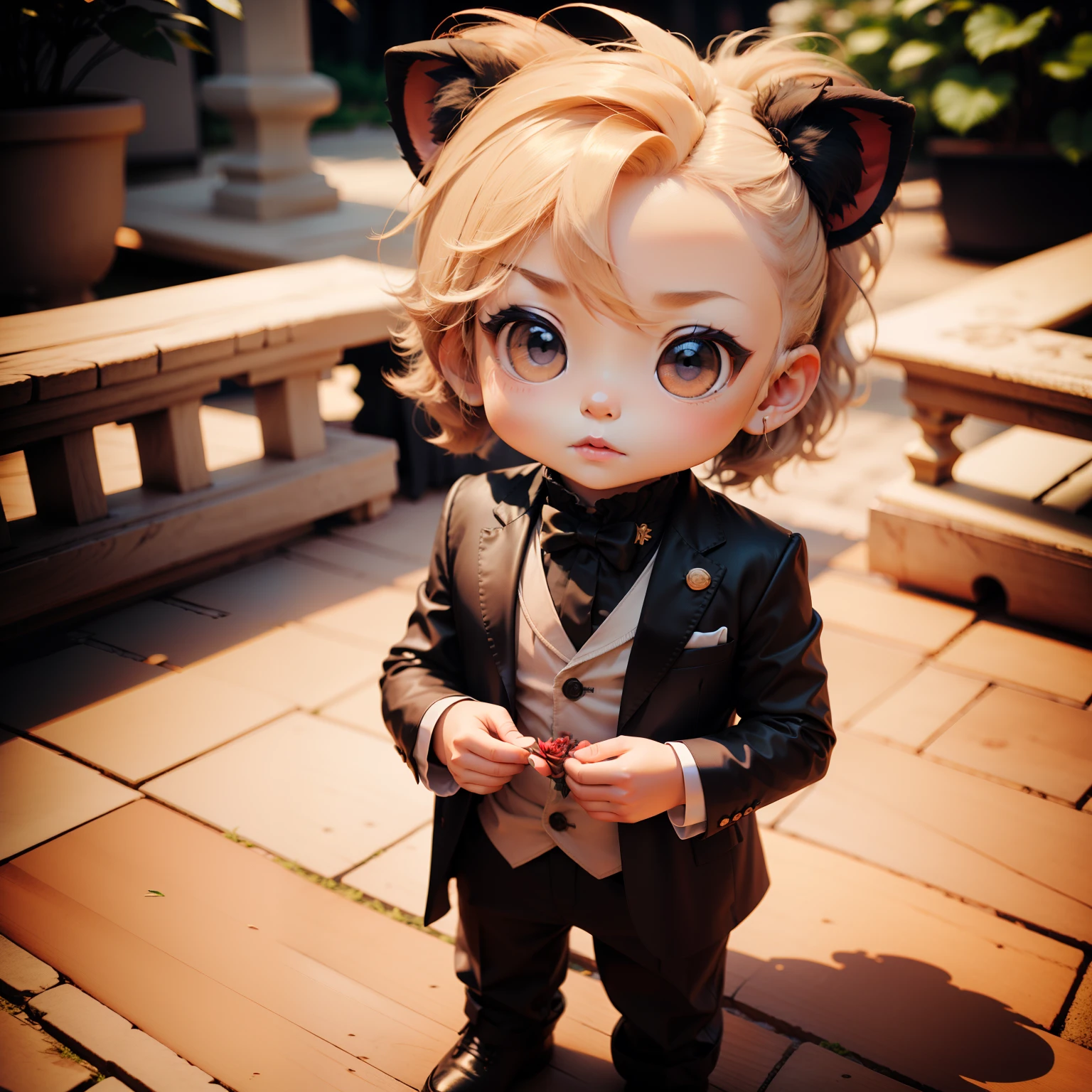 Cute  Chibi Anime,(((Chibi 3D))) (Best Quality) (Master Price)、Chibi Lion、tailcoat、Have red roses、Royal Botanic Gardens with roses、Standing、A detailed face