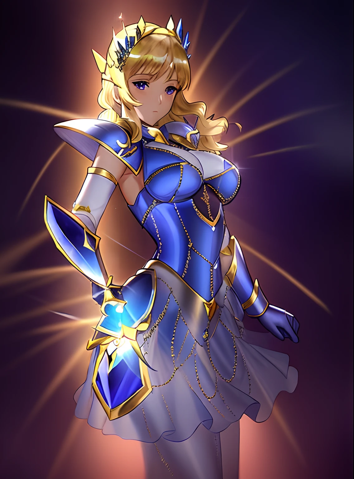 Woman in dress and gloves with sword standing, a blonde girl, knights of zodiac girl, portrait knights of zodiac girl, In shining sapphire armor, oppai, huge tit, with large breasts, seductive princess knight, Dressed in light armor, Dress Armor Girl, Princess Knight, Shiny sapphire armor, Glossy sapphire armor, princess intergalactica, Crystal Sapphire Armor, Sapphire Princess, Sapphire reflective armor, smooth anime cg art, Sapphire armor, High Quality Anime Art Style