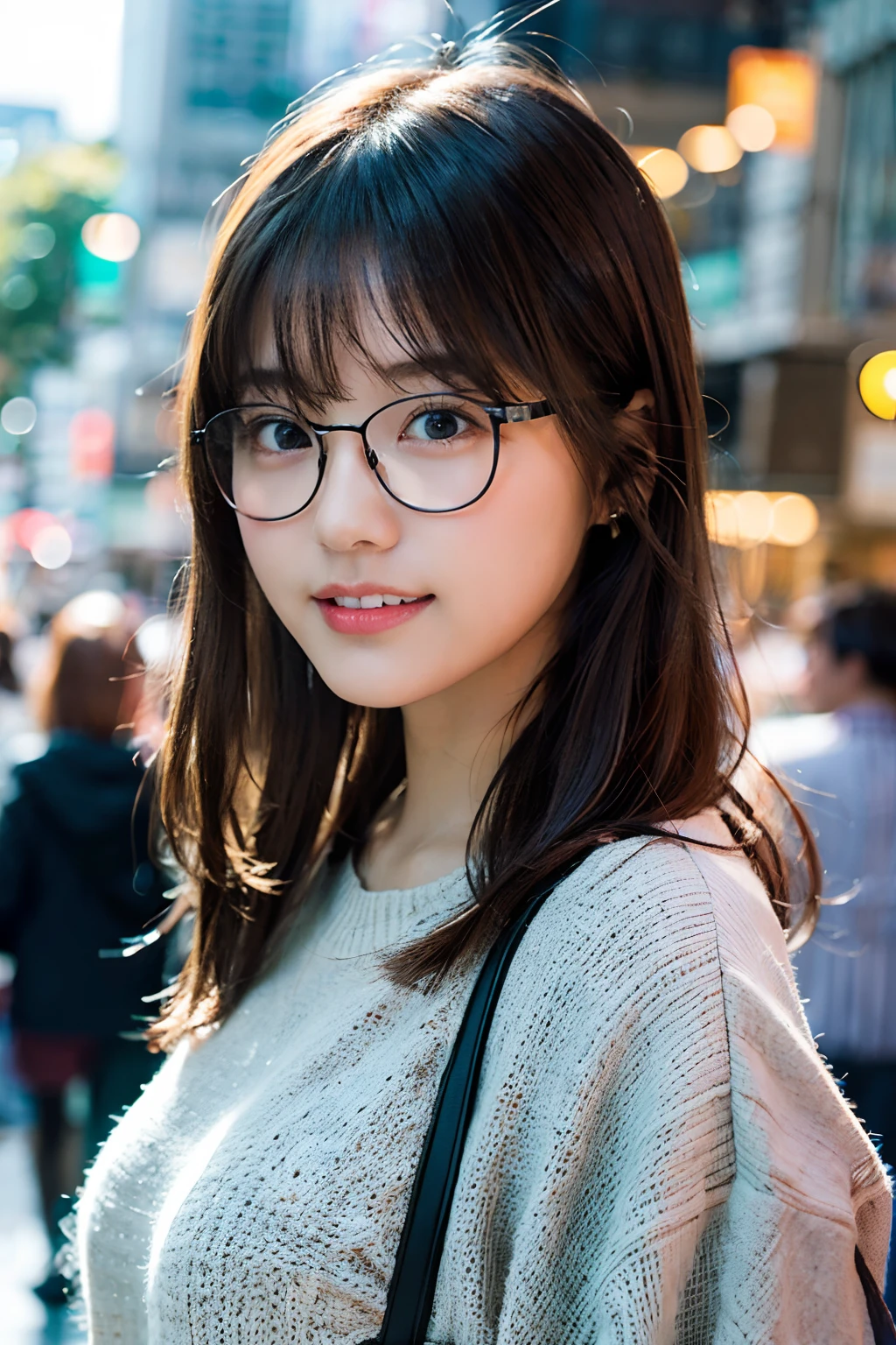 (8K、Raw photography、top-quality、​masterpiece:1.2)、(realisitic、Photorealsitic:1.37)、ultra-detailliert、超A high resolution、女の子1人、see the beholder、beautifull detailed face、A smile with a little visible teeth、Constriction、(Slim waist) :1.3)、((Cute clothes))、pastel clothing、Beautiful detailed skin、Skin Texture、Floating hair、((fluffy hairstyle))、large breasts with good shape、Professional Lighting、Autumn noon shopping street in front of the station、((Glasses without a frame at the top))、Whole human body、Black hair、((Shameful appearance))、Pay attention to your audience、