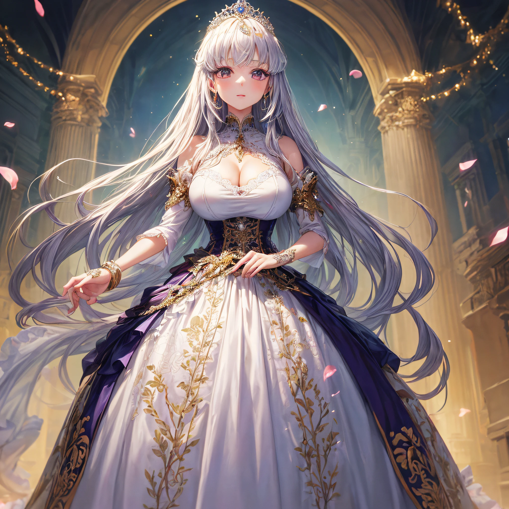 (masterpiece, best quality,extremely detailed,moe anime art style:1.1),1girl, ((solo)), cute, kawaii,digital art,((1 bling-bling anime princess wearing beautiful embroidery and jeweled gorgeous princess ballgown with voluminous full length hoop skirt)),((crinoline)),long train,voluminous frills,(gorgeous embroidery and beautiful lace),(very gigantic boobs,cleavage,skindentation),((shiny hair,very long straight hair)),((finely detailed face and eyes)),clear pupil,extremely gorgeousfull hair ornament,(bling-bling jeweled extremely gorgeousfull tiara),((bling-bling gorgeous gemstone jewelry)),long veil,((beautiful background,fantasy)),flowers,flower petals flowing,full body,(looking away),((beautiful embroidery and jeweled gorgeous princess ballgown with voluminous full length hoop skirt))
