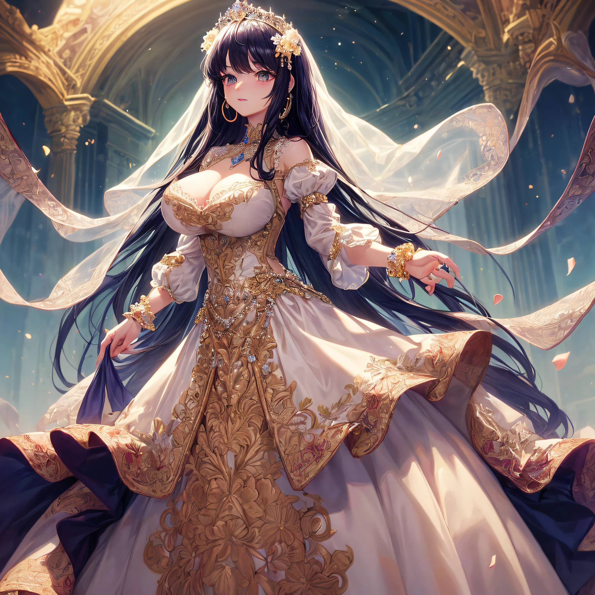 (masterpiece, best quality,extremely detailed,moe anime art style:1.1),1girl, ((solo)), cute, kawaii,digital art,((1 bling-bling anime princess wearing beautiful embroidery and jeweled gorgeous princess ballgown with voluminous full length hoop skirt)),((crinoline)),long train,voluminous frills,(gorgeous embroidery and beautiful lace),(very gigantic boobs,cleavage,skindentation),((shiny hair,very long straight hair)),((finely detailed face and eyes)),clear pupil,extremely gorgeousfull hair ornament,(bling-bling jeweled extremely gorgeousfull tiara),((bling-bling gorgeous gemstone jewelry)),long veil,((beautiful background,fantasy)),flowers,flower petals flowing,full body,(looking away),((beautiful embroidery and jeweled gorgeous princess ballgown with voluminous full length hoop skirt))