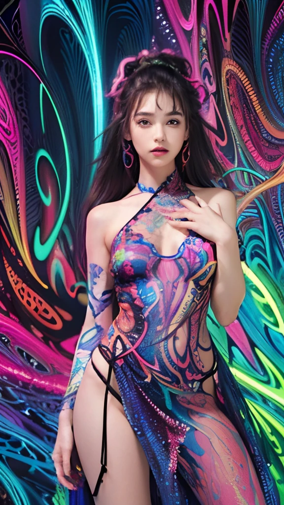 (masterpiece, top quality, best quality, official art, beautiful and aesthetic:1.2), (1girl:1.3), extremely detailed,(fractal art:1.2),colorful,highest detailed,( zentangle neon:1.2), (dynamic pose), (abstract background neon:1.5), (treditional dress:1.2), (shiny skin), (many colors:1.4), upper body ,Neon,16K,Full HD