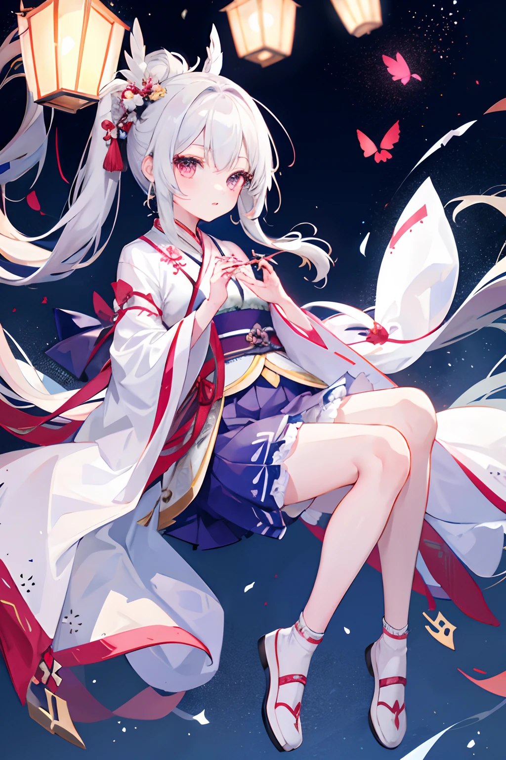 1girl,nightcity,yuki,Hanfu,Skirt,Hands to hearts,jumpping,long leges,White cloth shoes,Square lanterns,