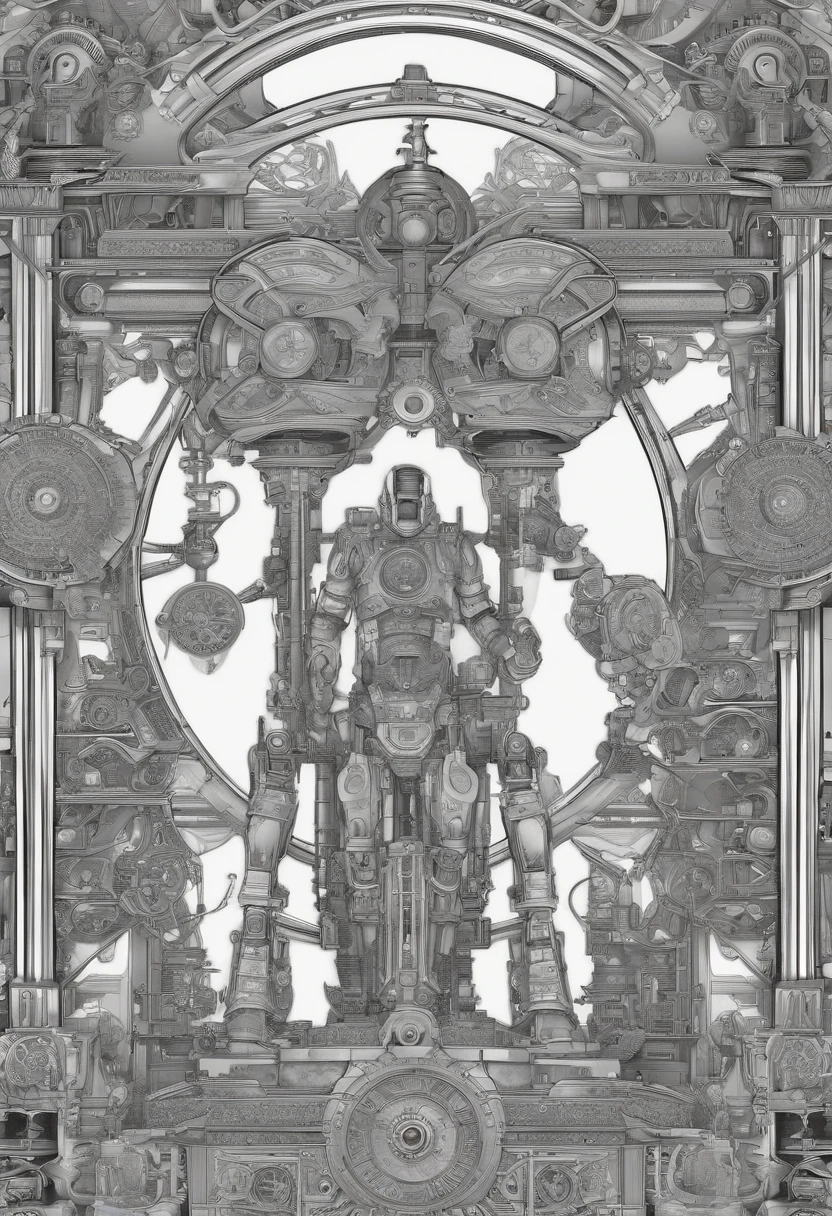 A mechanical man drawn in a manga style stands at the center, surrounded by intricate machinery and mechanical objects filling the entire frame. The design should be in grayscale, with a focus on clear, distinct lines for easy inking later. The style should be reminiscent of popular manga artists like Masamune Shirow, known for his detailed mechanical designs. The lighting should be even, highlighting the details of the machinery and the man. The colors should be in a range of black, white, and various shades of gray. Capture this using a high-resolution 16k camera, with a 50mm lens, ensuring sharp focus on the details, f/8, ISO 100, shutter speed 1/125, and even lighting throughout. --ar 16:9 --v 5.1 --style raw --q 2 --s 750
