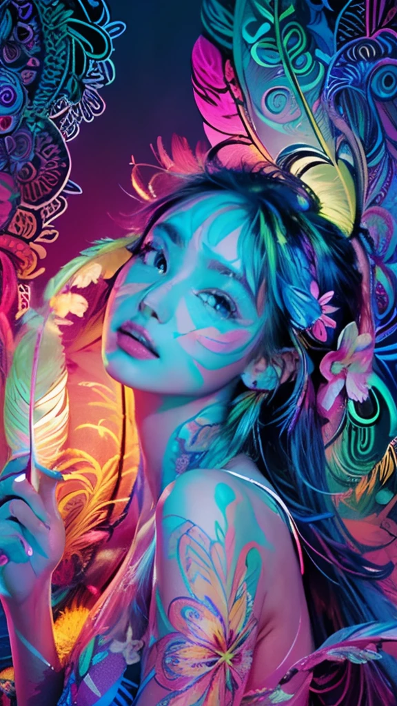 masterpiece, top quality, best quality, official art, beautiful and aesthetic:1.2), (1girl:1.3), extremely detailed,(fractal art:1.1)neon,(colorful:1.1)neon(flowers:1.3)neon,highest detailed,(zentangle:1.2)neon, (dynamic pose), (abstract background:1.3) neon, (shiny skin), (many colors:1.4)neon, (feathers:1.5), neonlight