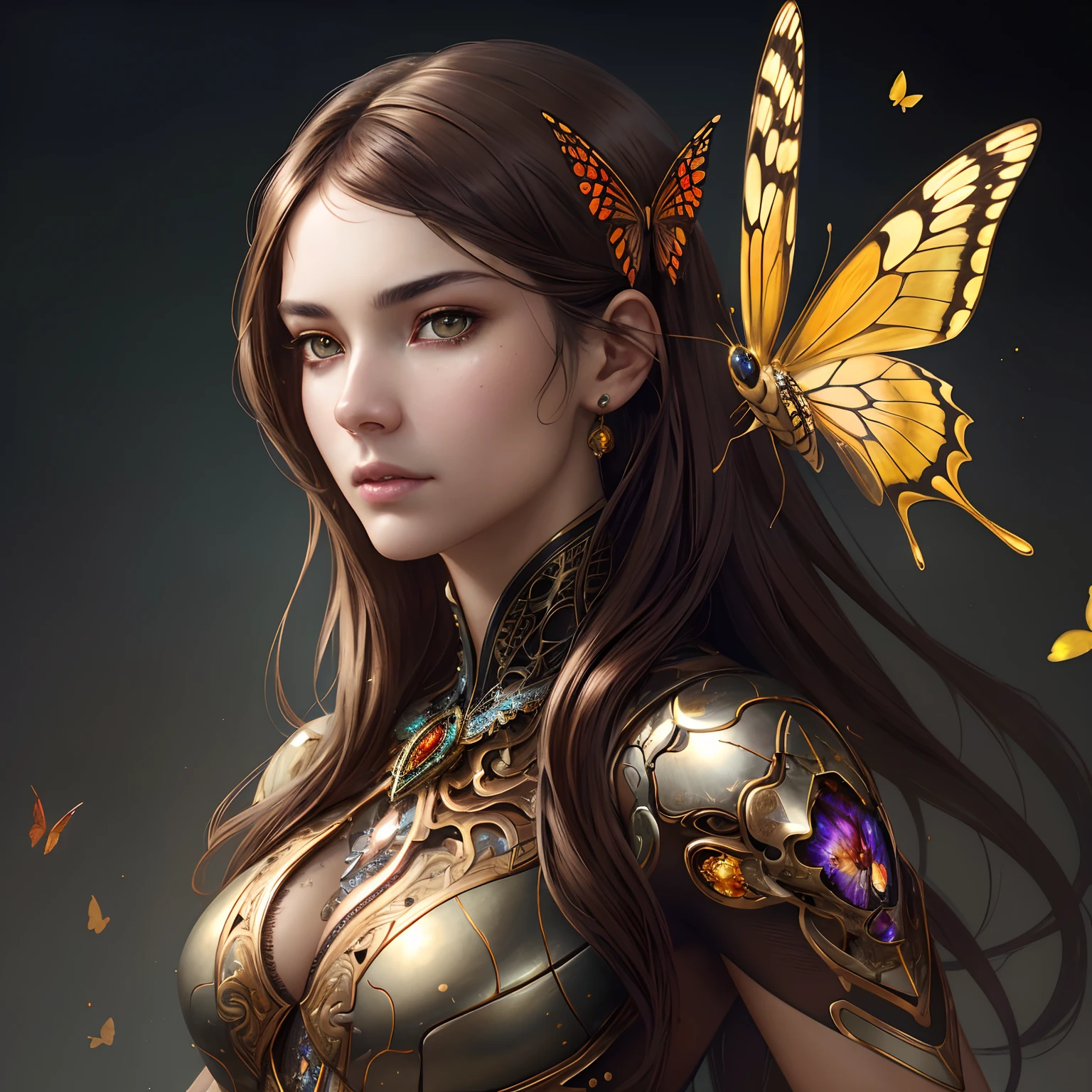 8k portrait of beautiful cyborg with brown hair, intricate, elegant, highly detailed, majestic, digital photography, art by artgerm and ruan jia and greg rutkowski surreal painting gold butterfly filigree, broken glass, (masterpiece, sidelighting, finely detailed beautiful eyes: 1.2), hdr,