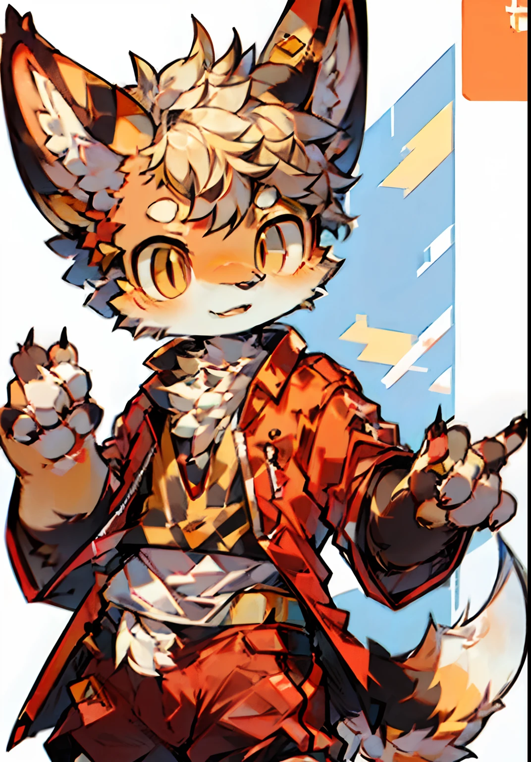 eyes with brightness,Bust photo of the character,Q version,头像框, Character Focus,独奏, Shaggy, furry male cat, White fur for men, Red colored eyes, No hair,Yellow hair, Loli style,Little cute, Will sell moe,Please wear yellow clothes and pants,