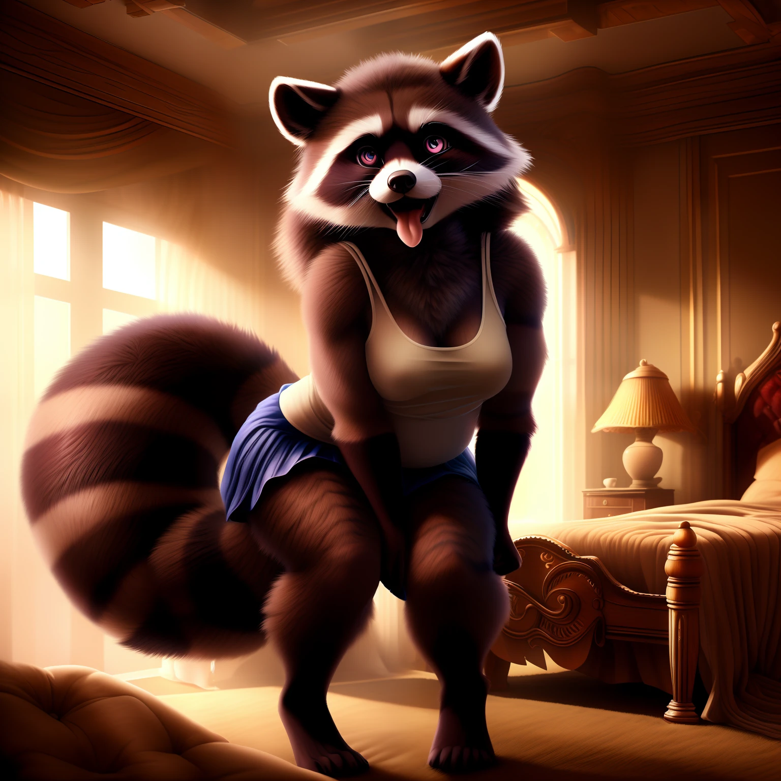 (((Cute Face))), (((Cute pose))), (((highly detailed eyes))), ((mouth open, tongue out, salvia dripping)), Solo, (((highly detailed fur))), ((medium breast)), ((seductive)), (((female))), ((Slayr Ruched Front Tank Top & Hem Skirt ))), ((sexy)), ((standing, sexy legs)), snout, detailed eyes, ((eyelashes, raccoon)), ((facing viewer)), ((long hair)), (((full body should be seen))), (( belly fur)), ((indoors, hyper detailed room)), ((hyper detailed raccoon)), sharp focus cgi, photorealistic, high detail, realistic, masterpiece, absurdres, best quality, HDR, high quality, high-definition, extremely detailed, 8k wallpaper, intricate details, 8K uhd, Full-HD, (realistic photo:1.2), contrast, harsh lighting, cinematic lighting, natural lighting, hard light, backlighting, global illumination, ambient occlusion