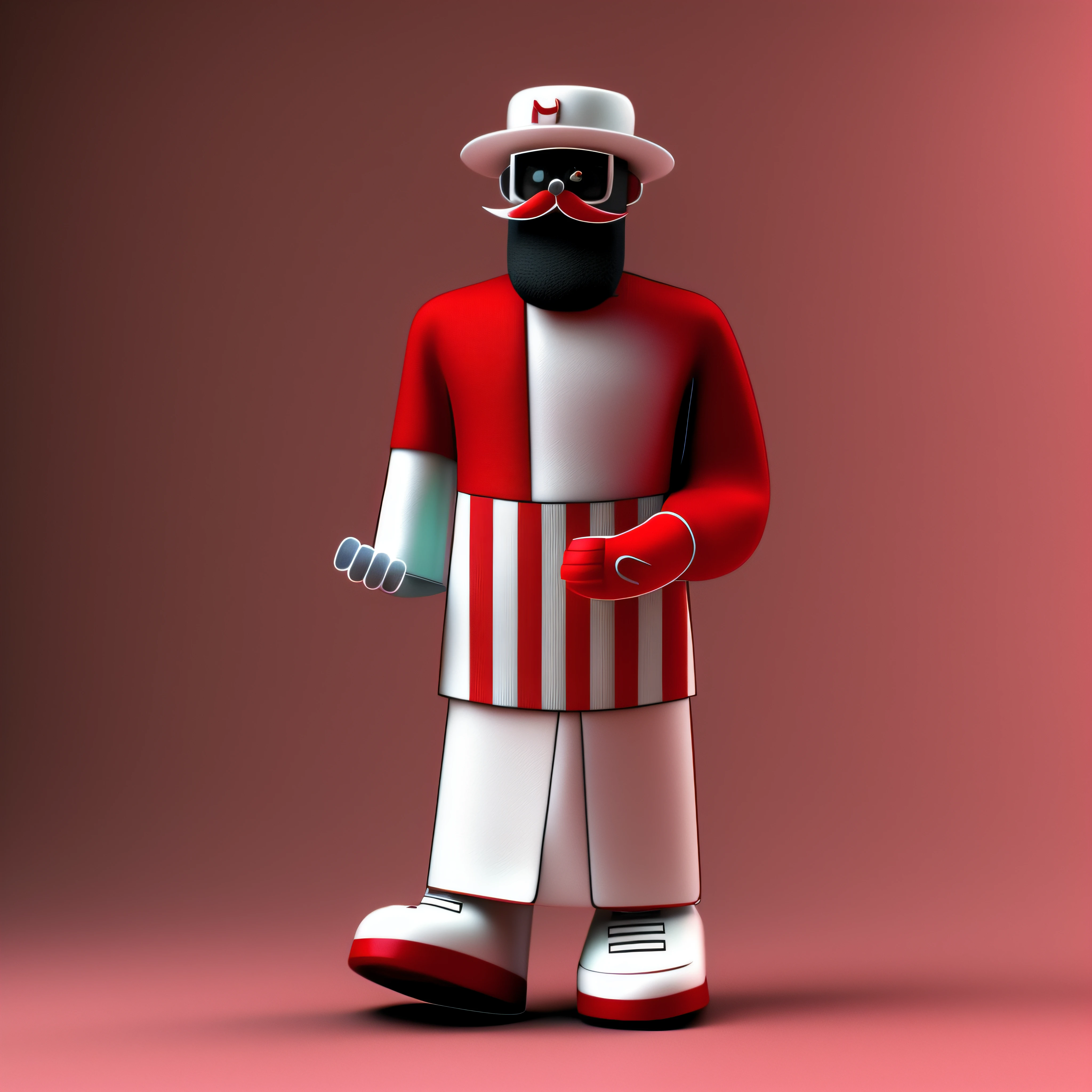 Close-up of toy man in hat and glasses, toon render keyshot, 3 d render official art, rasputin as grubhub character, 3d character, 3 d character, stylized as a 3d render, kenny wong x pop mart, 3 d character render, clay render, Herren. nimbus character design, cute 3 d render, Red hat, White top, white pantie, Red and white striped apron,  Hands are the color of the skin, real looking skin,clean backdrop