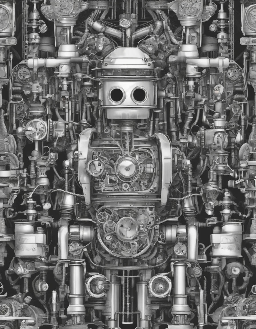 ・ Mechanical man with a cartoon touch in the middle、Fill the screen with cluttered machines and mechanical objects。Make each line clear so that it is easy to clear later
・ Color is black and white grayscale、In a cartoonish style to clarify the lines