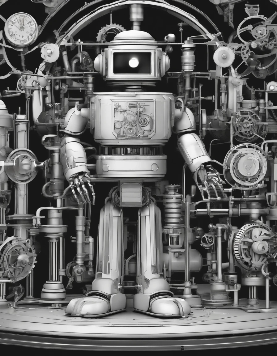 ・ Mechanical man with a cartoon touch in the middle、Fill the screen with cluttered machines and mechanical objects。Make each line clear so that it is easy to clear later
・ Color is black and white grayscale、In a cartoonish style to clarify the lines