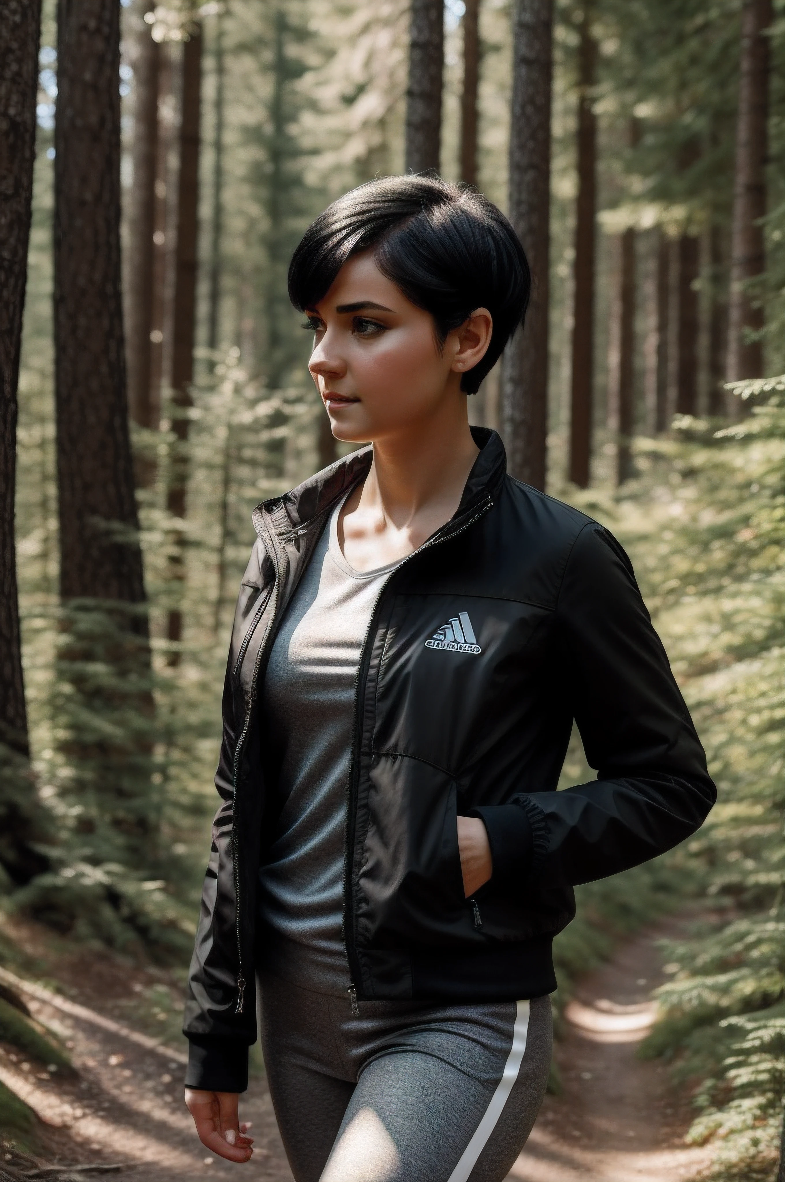 best image quality, masterpiece, very high resolution, (fidelity: 1.4), photo, 1 girl, daytime, coniferous forest, a lot of coniferous trees, best quality, 8k, masterpiece: 1.3, ultra-realistic, standing on a forest path posing for a photo , looks towards the camera, fairy shape short black hair, Anastasia ovchinnikova, black short hair, fairy hairstyle short black hair, with short hair, Olga Buzova, short black hair, alina ivanchenko, short dark hairstyle, fairy hairstyle, fairy hairstyle, Julia Gorokhova, short dark hair, Masterpiece, (short black hair), outdoors, best quality, very high resolution, raw photo, diffused sunlight, white sports jacket, black tight sports pants, hiking boots,