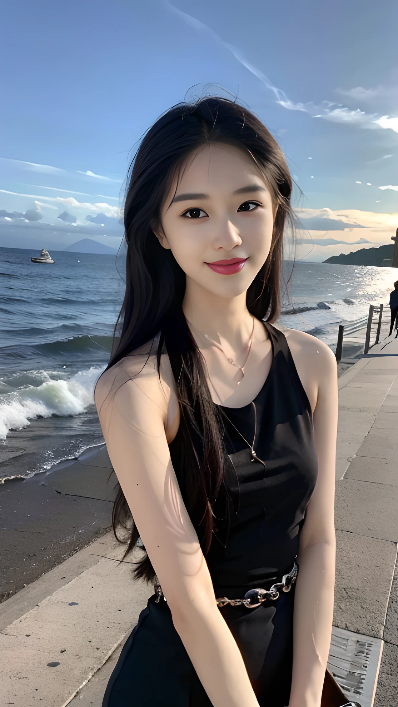 ，Gorgeous young Korean woman, Beautiful young Korean woman, ulzzangs, beautiful Korean women, Shin Jinying, young lovely Korean faces, dilraba dilmurat, xintong chen, a cute young woman, cute korean actress, Korean girl, Choi Hyun-hwa, young and cute girl，，ssmile，On the beach by the sea，wide wide shot，telephoto shot，Relaxed state，grinning smile