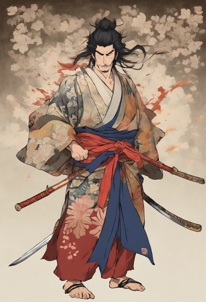 It is a full-body painting with natural colors，Line drawing with Katsushika Hokusai style。The swordsman Miyamoto Musashi has a fat body。Samurai in Japan。He has a dignified and manly expression of determination，Short black hair and short neatly trimmed beard。He wears a ragged kimono，Bare chest and back。At the highest quality，A masterpiece of lightning and swirling flames in high resolution ukiyo-e style。Miyamoto Musashi stood，The face and body face forward，The back is straight