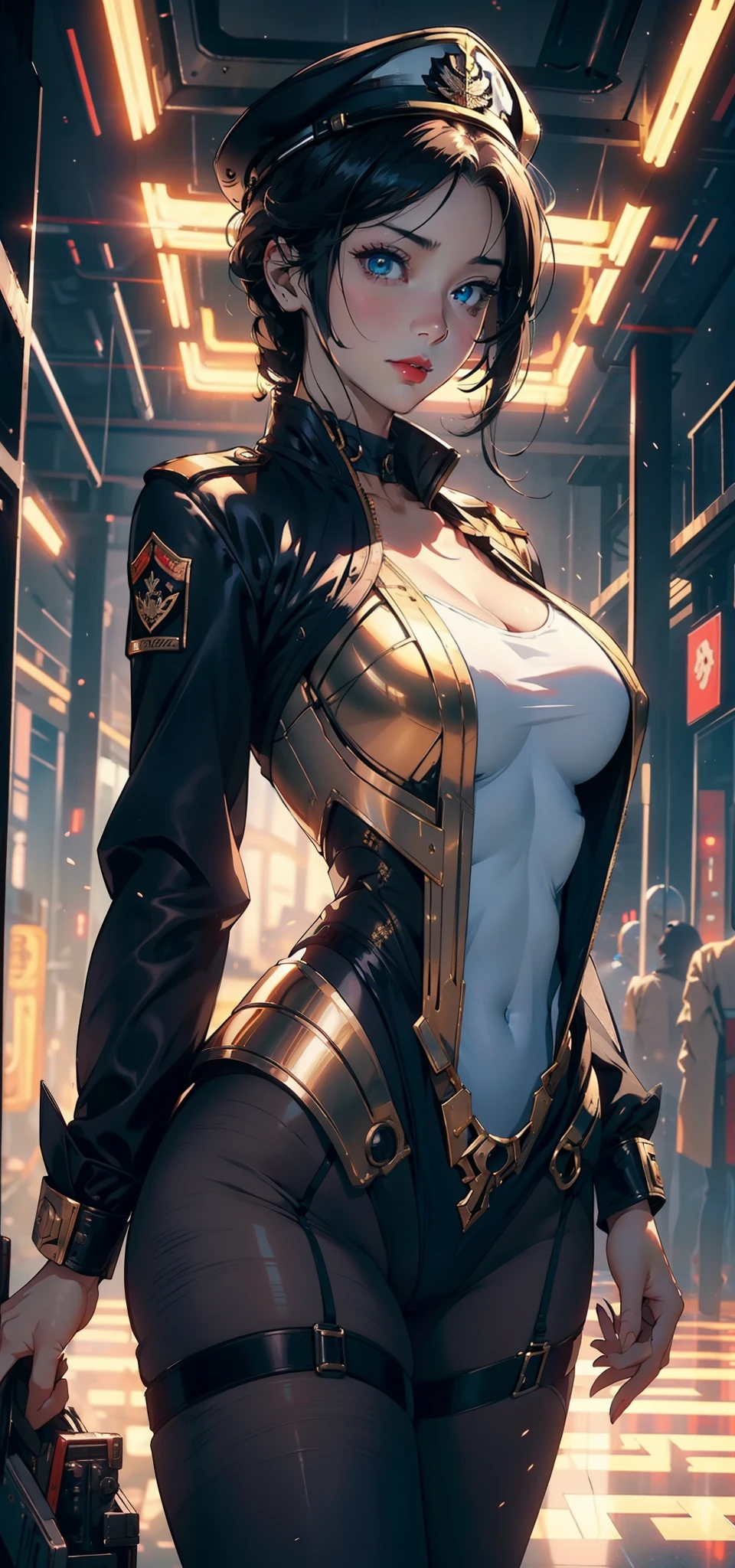 1female，35yo，plumw，extremely large bosom， 独奏，（Background with：Huge machinery，droid，aerodrome，Planes，Huge mechanical armor，） She has very short black hair，bobo head，Stand on the plane，，seen from the front， hair straight， mostly cloudy sky，（（（tmasterpiece），（Very detailed CG unity 8K wallpaper），best qualtiy，cinmatic lighting，detailed back ground，beatiful detailed eyes，Bright pupils，Blue eyes，Snow-whiteskin，Redlip（Very fine and beautiful），（Beautiful and detailed eye description），ultra - detailed，tmasterpiece，））facing at camera，A high resolution，ultra - detailed），revealing breasts，Bare genitalia，  Bulge，legs are open，Raised sexy，Camel toes，Flushed complexion，Desire for dissatisfaction，frontage，British Air Force，Aviator，Officer's cap（Wearing：blazer jacket，tailcoat，White color blouse，a black bowtie，Black pantyhose，Gold wire embroidery，Armour，Bare breasts）cyber punk style
