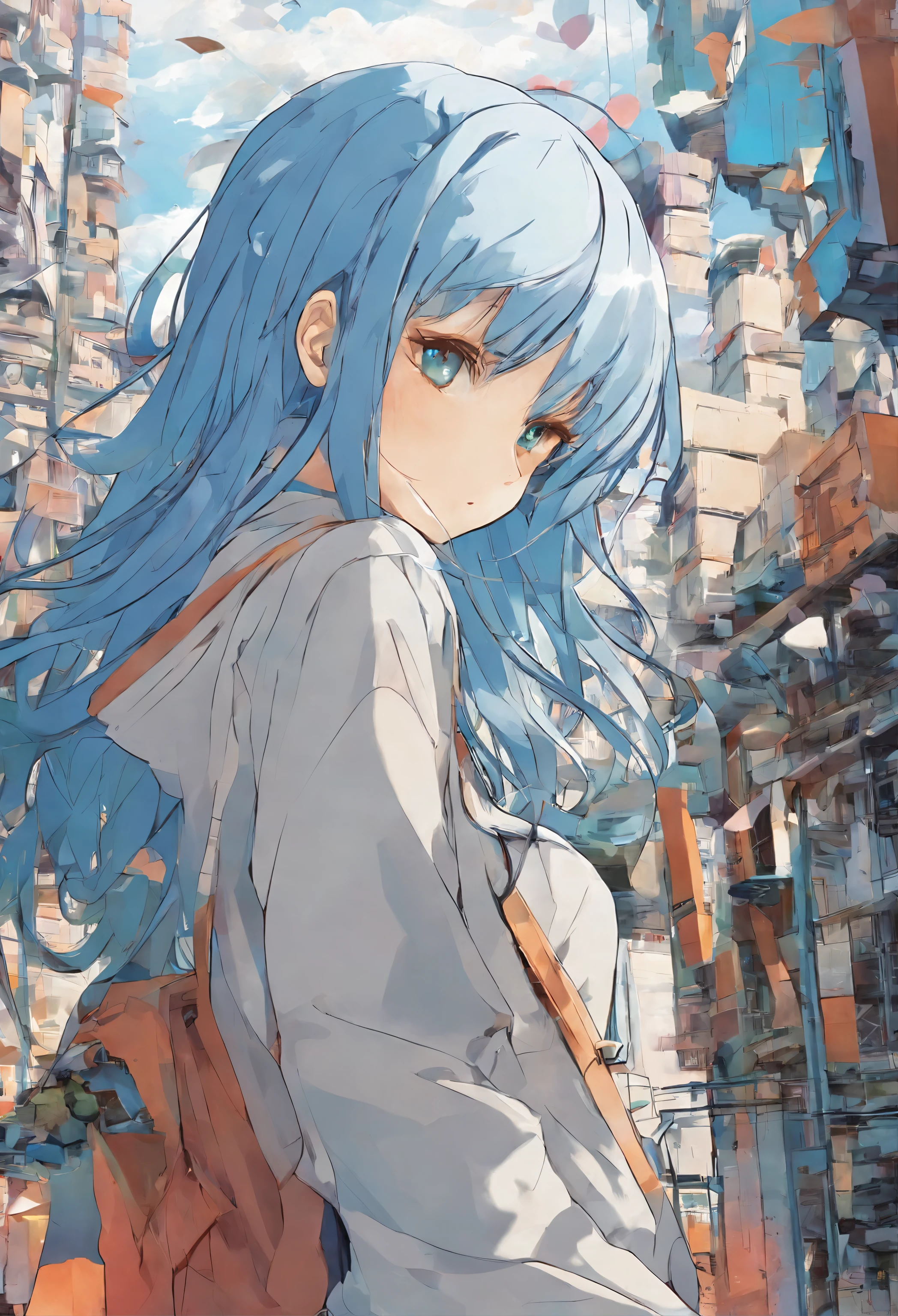 Ark of Tomorrow，a beauty girl，The figure stands on the roof，Long blue hair blown up by the wind，Wear overcoat shorts，There are black leg loops on the legs，Blue eyes，Look down at the camera in your hand，Low saturation，The viewing angle is heads-up，A scene seen from a distance，A little wasteland
