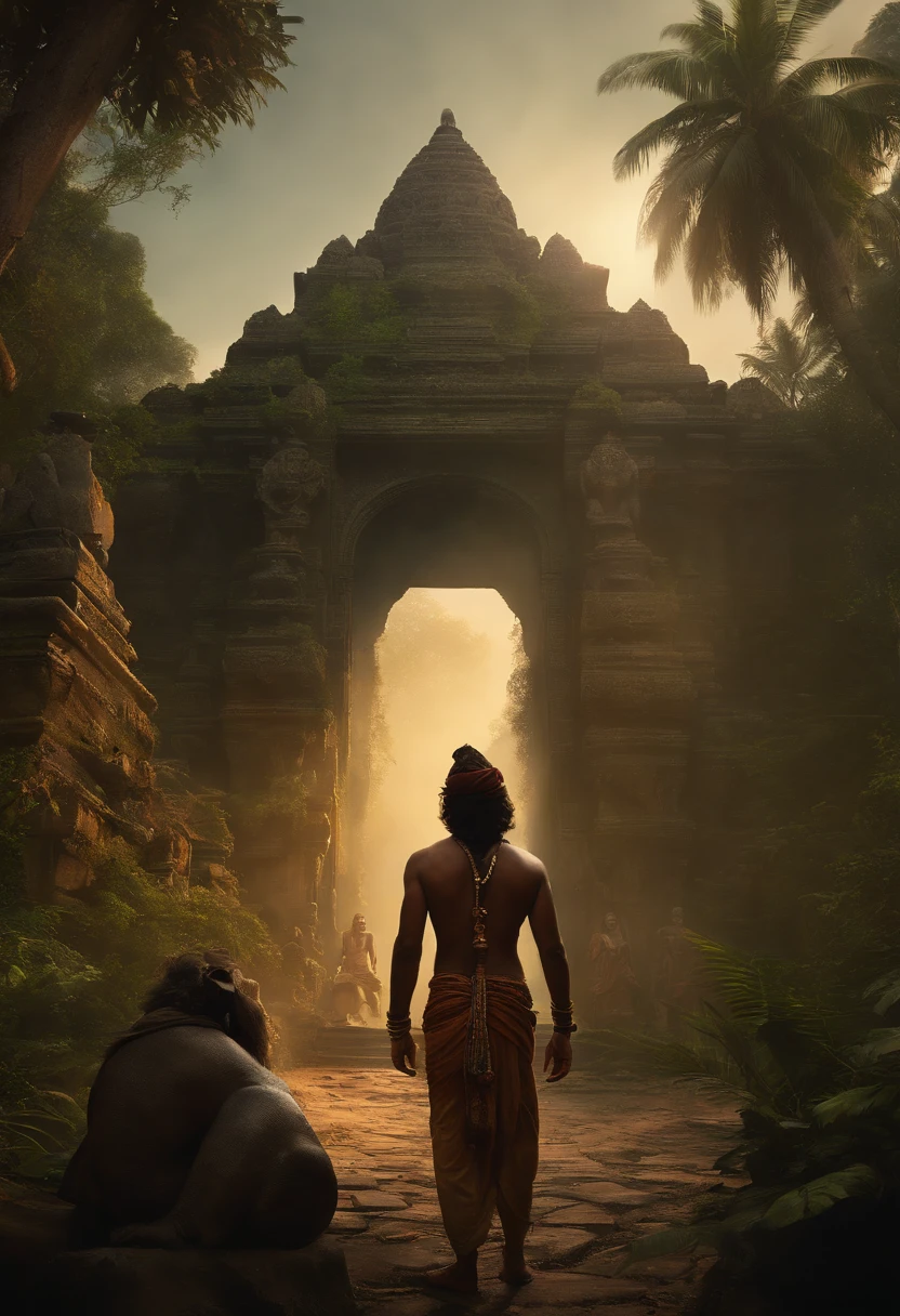 Aereal Wide view of a young Hindu man with long, black hats pulled up over the back of his head ((Mowgli)) without pants walking from behind in a jungle with old ruins of ancient Hindu temples, statues of gods, Shiva, Ganesh, cinematic light, realistic, Frank Frazetta Style,