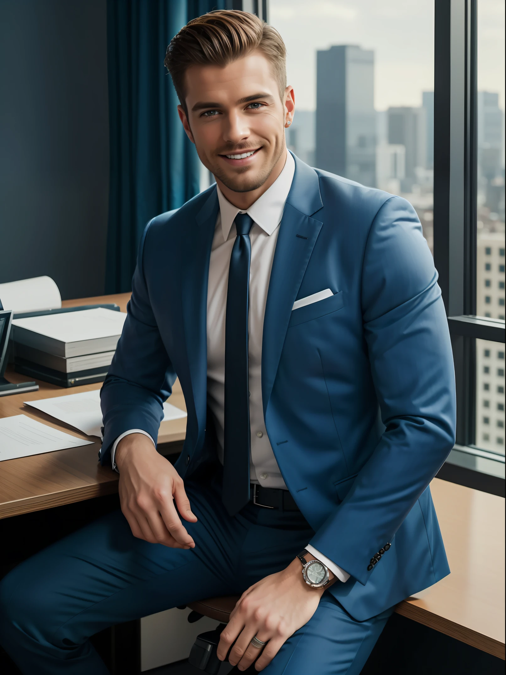 a handsome man sitting in the office,crew cut,business suit,windows,cityscape,full body,mature male,,best quality, 50mm f/2.8, photography and GQ magazine, trending on flickr masterpiece, high resolution, best quality,, realistic, realistic photo, movie photo, ultra realistic, 1 person, detailed, perfect lighting, DSRL, professional photo, 4k ,Blue lighting,smile