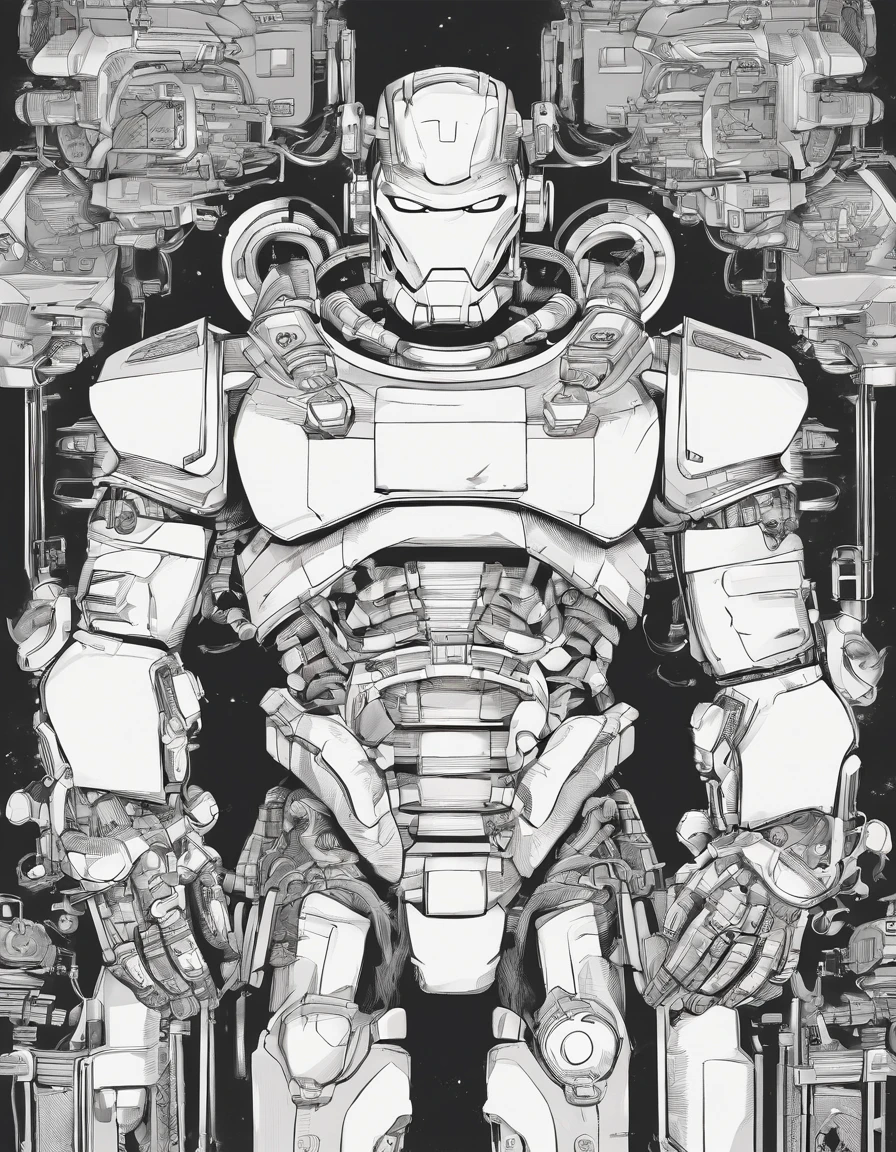 ・ Mechanical man with a cartoon touch in the middle、Fill the screen with cluttered machines and mechanical objects。Make each line clear so that it is easy to clear later
・ Color is black and white grayscale、In a cartoonish style to clarify the lines
