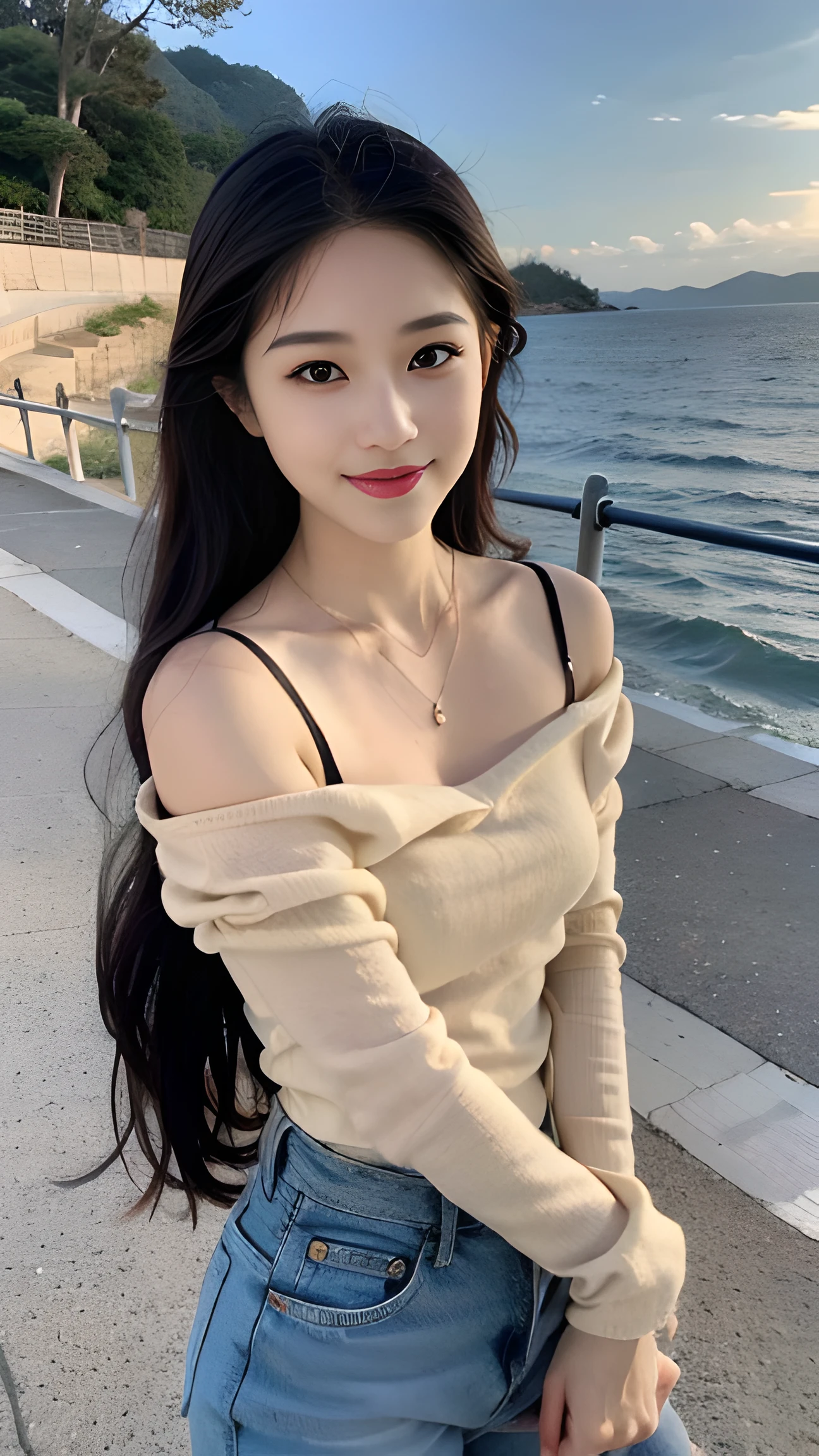 A sweet girl by the beach,voluminous hair,Delicate face,Photorealsitic,of a real,largeaperture,wears a short black dress slim body,A cropped dress,Off-the-shoulder,A dress around the neck,Slim,smiles,Ultra-high resolution