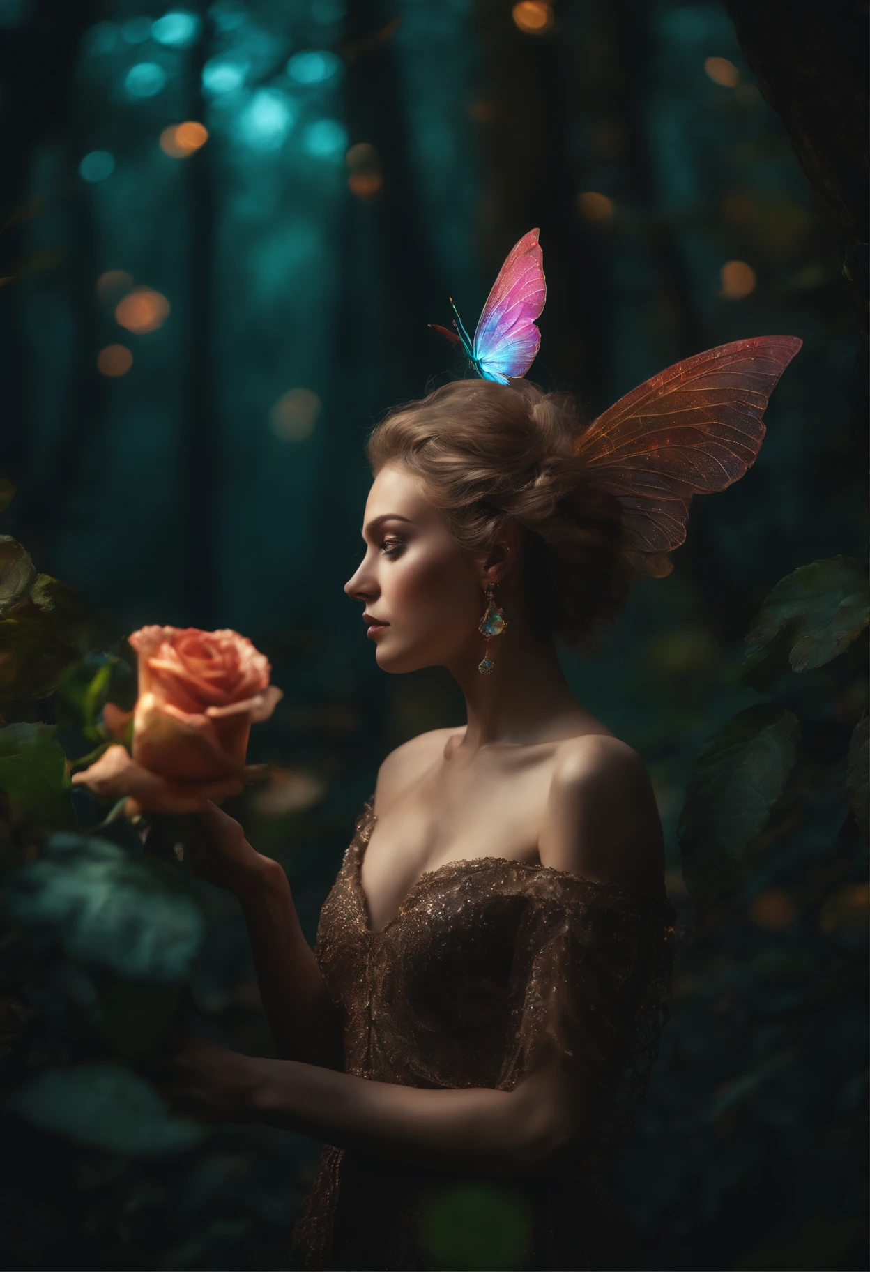 The rose goddess as a fairy's woman,(Highly detailed:1.2),(Best quality:1.2),(8K:1.2),Sharp focus,(Subsurface scattering:1.1),an award winning photograph,Professional portrait photography,(Close-up Shot Shot:1.1) (Glowing bioluminescent forest:1.2),Wings of a rainbow fairy,Sultry expression (Very detailed background:1.2),(Magical fantasy:1.0), (knollingcase:1.1),(analogue style:1.1),(ModelShoot style:1.2),Dramatic lighting