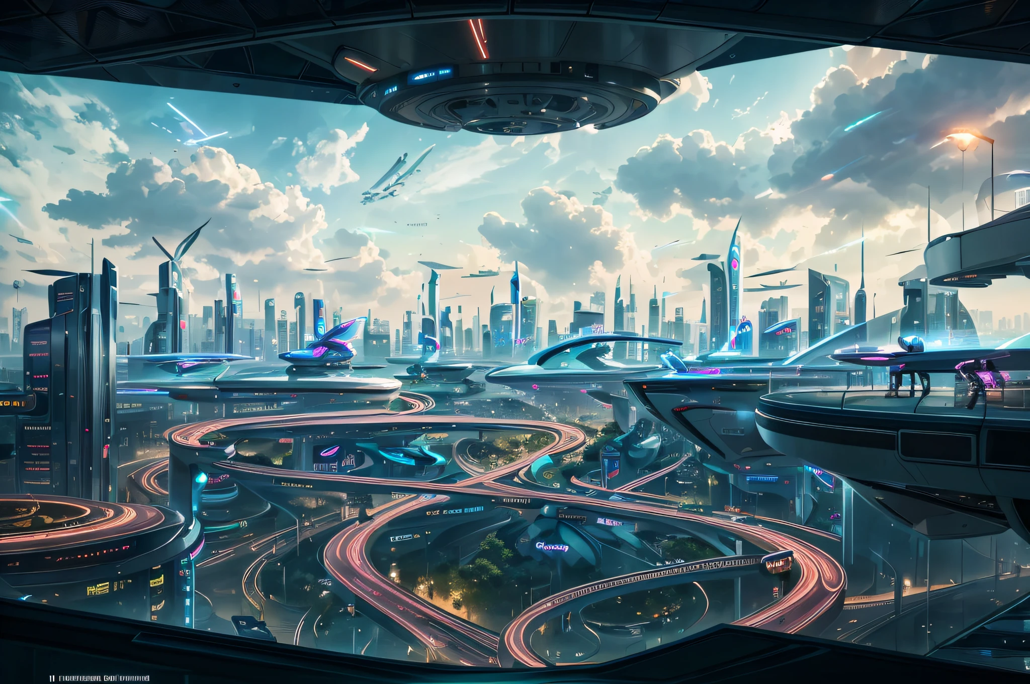 (futuristic city in the clouds, flying cars: 1.4), technologically advanced buildings, bustling streets, futuristic transportation systems, cloud-piercing skyscrapers, floating platforms, neon lights, holographic billboards, bustling markets, fancy vehicle designs, and streamlined, elevated walkways, seamless integration of nature and technology, advanced surveillance systems, advanced energy sources, drones soaring in the sky, bustling rooftop gardens, bustling sky-rail system, transparent and sustainable architecture, innovative infrastructure, advanced systems of artificial intelligence that manage the operations of the city, clean and pollution-free environment, Glass domes that house green parks, advanced communication networks, vibrant and diverse communities, advanced medical facilities, innovative entertainment venues, harmonious coexistence of humans and machines, fantastic floating structures, vibrant and surreal color palette, dynamic and immersive lighting effects, reflection and refraction of light in architecture. (best quality, 4k, high resolution, ultra detailed, realistic: 1.37), HDR, futuristic cyberpunk style, vibrant and neon color tones, soft and diffuse lighting effects.