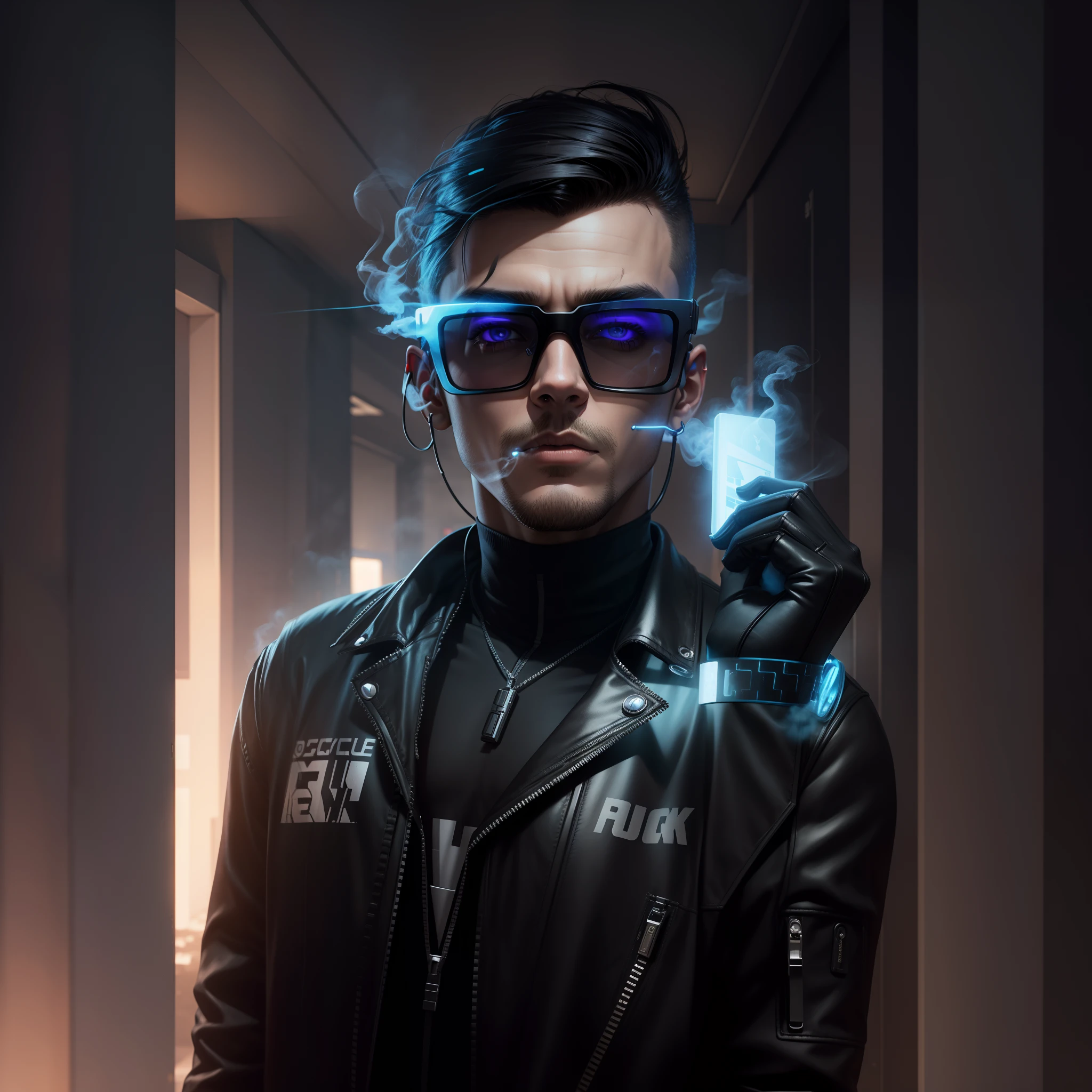 Change background cyberpunk handsome boy ultra realistic with cigarate smoke
