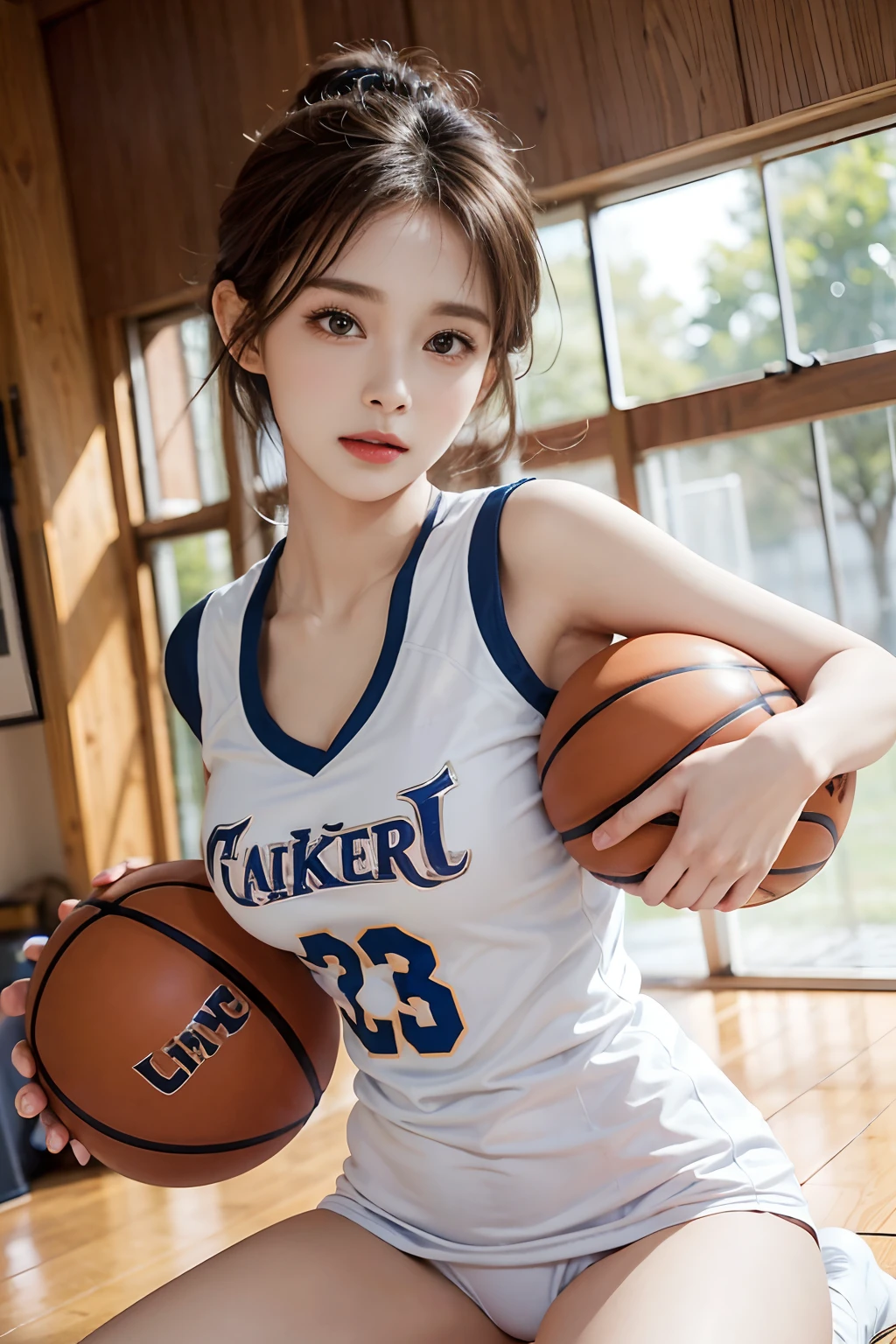 （RAW photos，4K，tmasterpiece，A high resolution，very intricate）（realisticlying：1.4），A delicate girl with facial features in the movie
1 Girl， Single focus， Full body like，Summer noon， Playing the Basketball，Basketball pose，thermography， 1990's\（styled\），White skin，(Bigchest，cleavage)， (Best quality), (A high resolution), (Extremely Delicately Beautiful),,(Beautiful 8k face),(Brown eyes),(Ulzzang-6500:1.0),(Large breasts),(NFFSW),(Basketball sportswear),((Playing basketball)),((gymnasium)),((velocity)),(reality),（jiayi：1.5）， closeup cleavage， tmasterpiece， best qualtiy， RAW photogr， realisticlying， faces， Incredibly Ridiculous res， Buatigar， adolable， short detailed hair， depth of fields， A high resolution， ultra - detailed， finedetail， Very detailed， extremely detailed eye and face， Sharp pupils， pupil realistic， tack sharp focus， cinmatic lighting