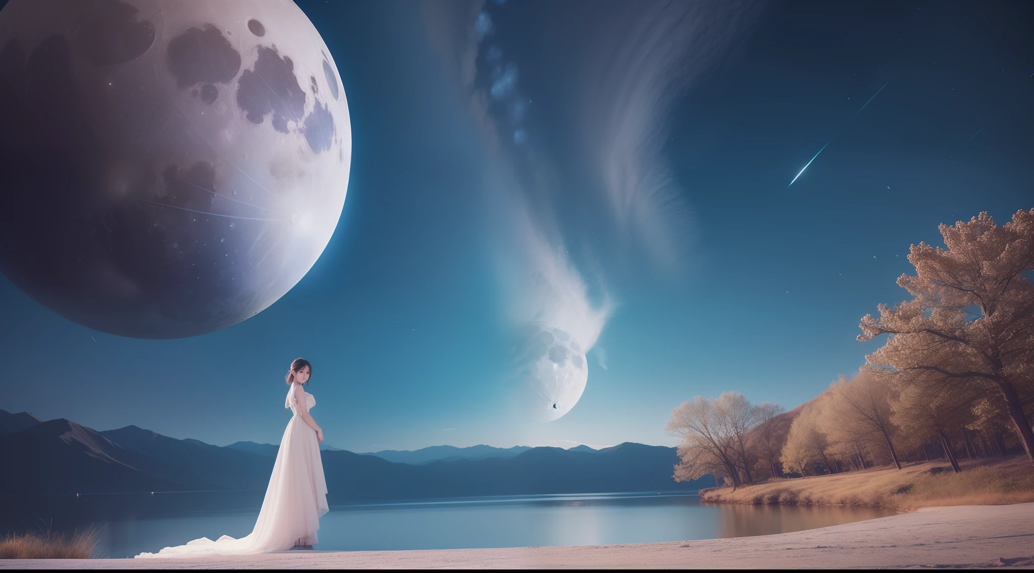 girl with, 独奏, wear elegant dresses, Stand on the Moon, (Photorealsitic: 1.4), top-quality, ​masterpiece, ultra-detailliert, lighting like a movie