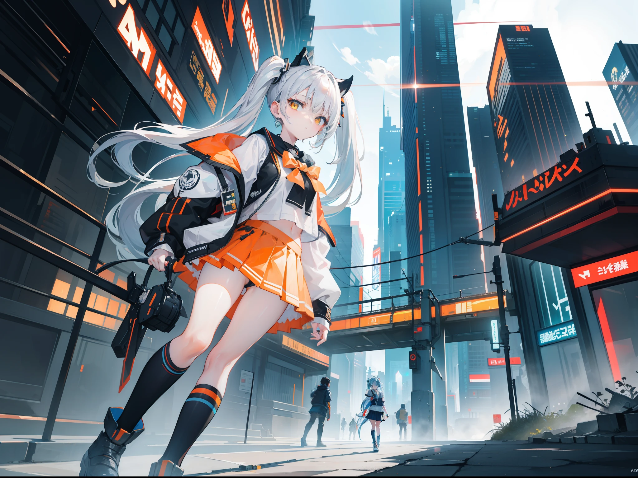 ​masterpiece，8K，超A high resolution，Detailed description，Smooth depiction，Accurate rendering，Inverted triangular composition，Light blue twin tails，Yellow eyes，Whitening skin，12-year-old Western-style beautiful girl in anime style，Cyberpunk style orange waistcoat and black miniskirt，Metallic boots，Overhead scenery，Full body depiction，Splash Art Style，