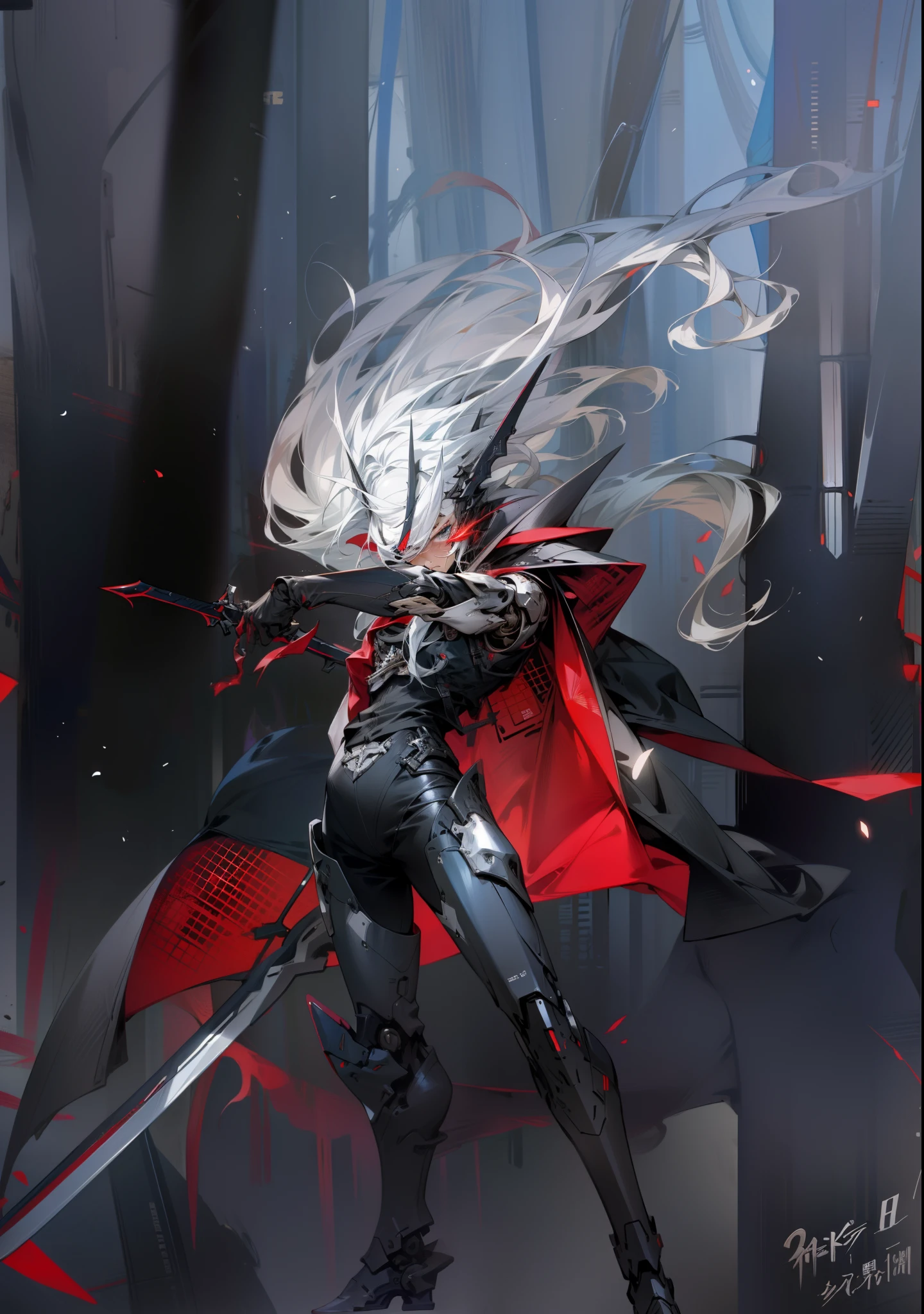 tmasterpiece,A mech with white hair and red cape with a sword, From the night of the ark, Badass anime 8 K, Best anime 4k konachan wallpaper, Anime epic artwork, advanced digital anime art, Detailed key anime art, Zerotwo, Key anime art, code vein, arknight, detailed anime character art, anime cyberpunk art, Digital cyberpunk anime art, sharp high quality artwork,Black color mecha