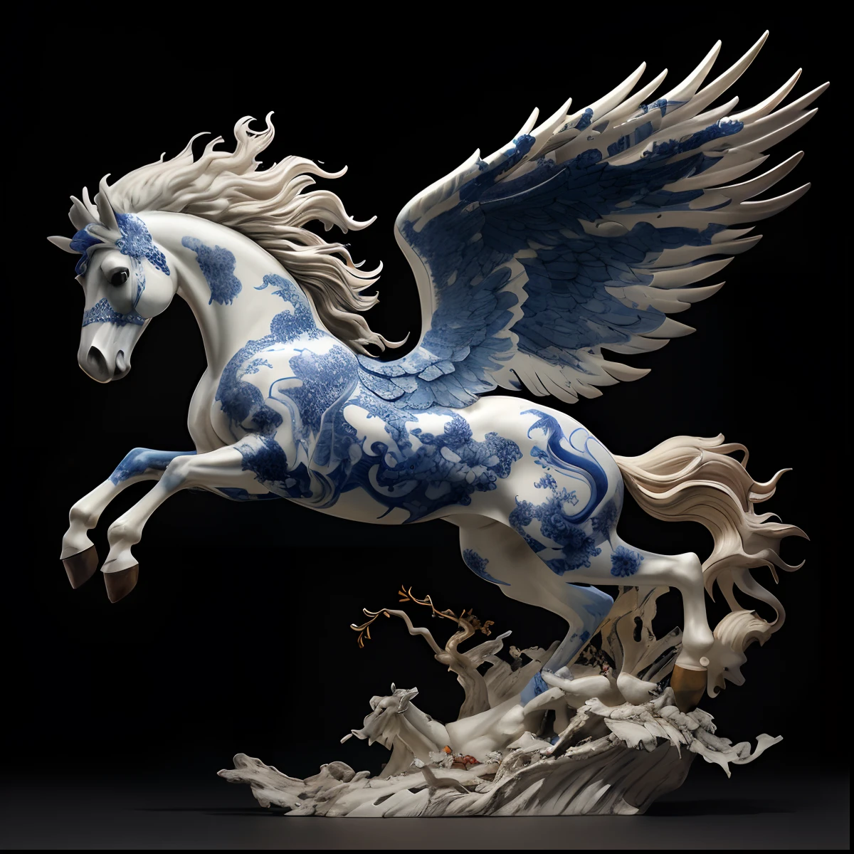 Blue and white porcelain horse,Porcelain texture,There is a statue of a horse with wings, Pegasus, affable , wenjun lin, Eat Zhuoxin, porcelain sculpture, chengwei pan, author:Tan Yang Kano, feng zhu |, yanjun cheng, By Shen Quan, wei wang, “hyper realistic, author:Shen Zhecai, author:Chen Lin