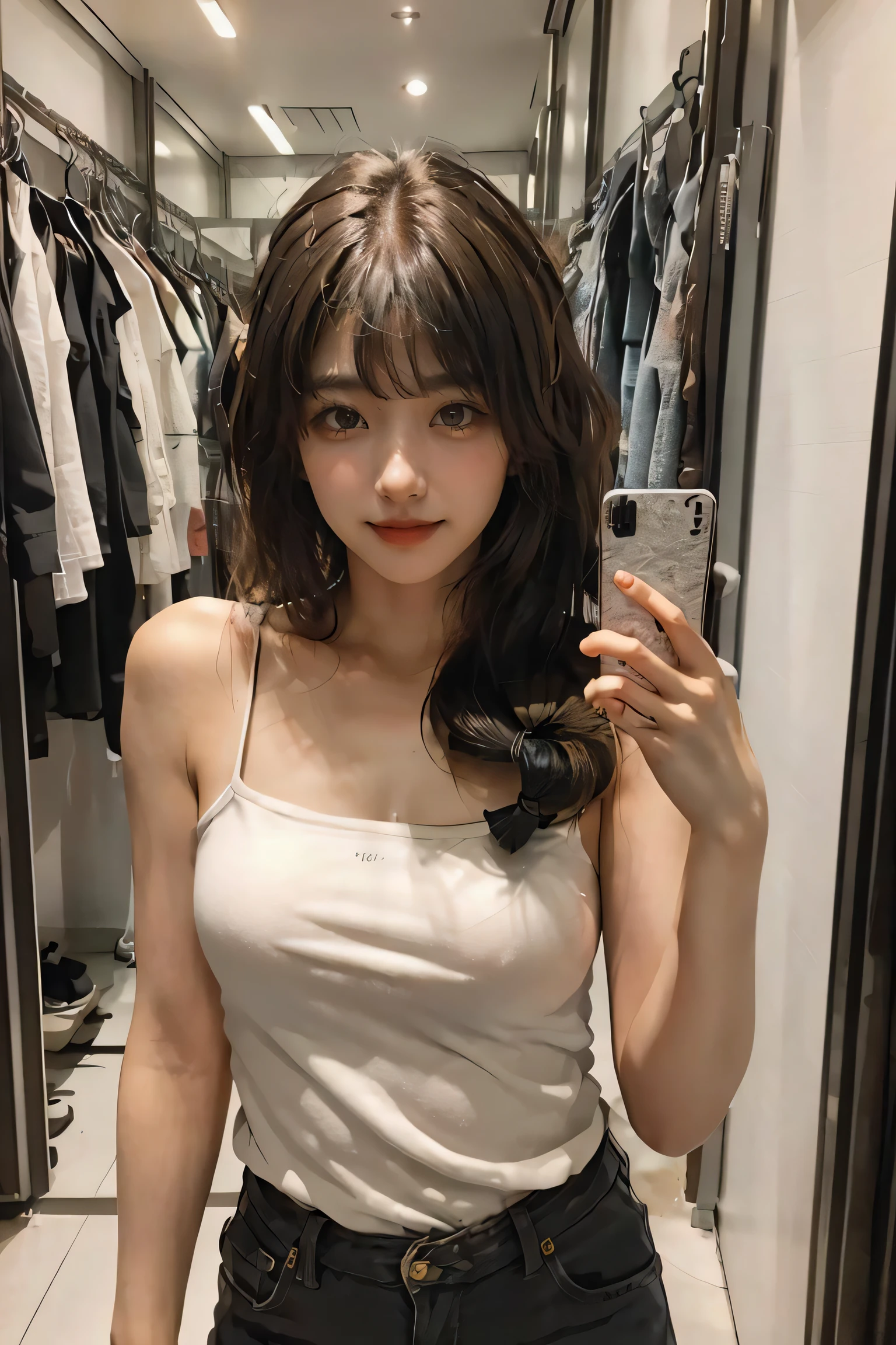 masterpiece, best quality, 1girl,long_hair,light smile, blunt bangs,looking at viewer,selfies,cowboy shot,(shot_hair:2),
(realistic:1.5), cinemagraph,