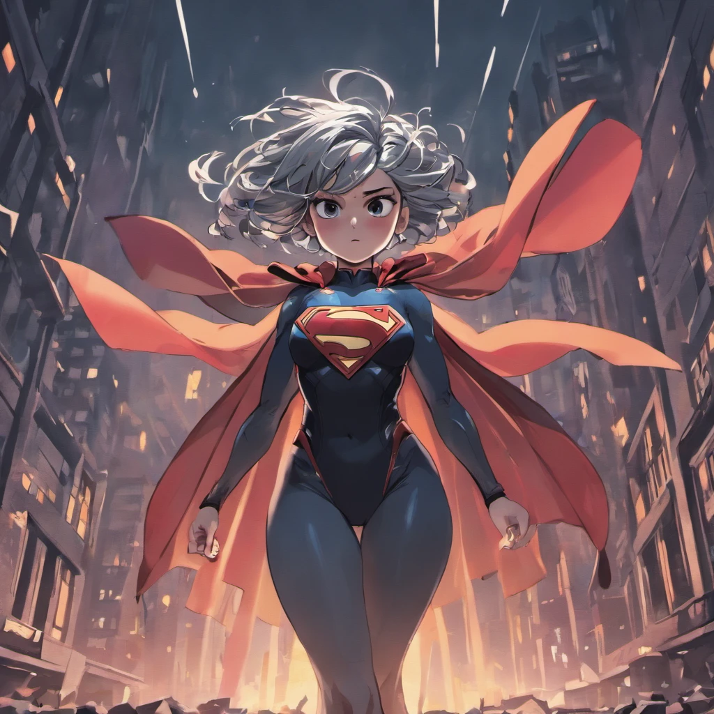action shots of M1lly4c0k2222 ((wearing a sexier revealing black and silver version of the evil superman suit man of steel)), large breasts, toned body, (explosions in the background a city in ruins), Style-BladeRunner2049-8v Intricate, High Detail, Sharp focus, dramatic, ((photorealistic))